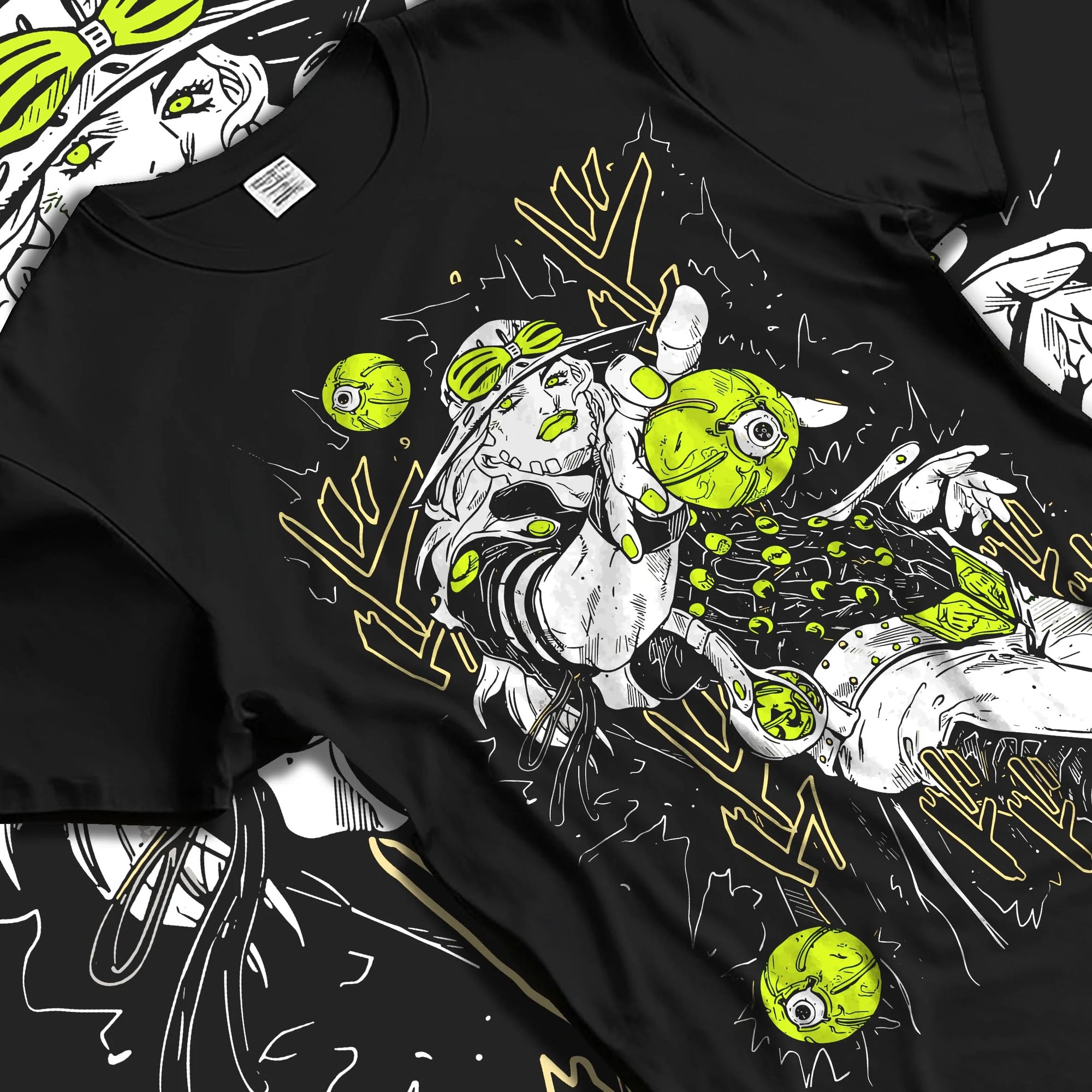 Black T-shirt laid flat with natural folds with Jolyne Cujoh Hoodie JoJo’s Bizarre Adventure Stone Ocean graphic premium wear.