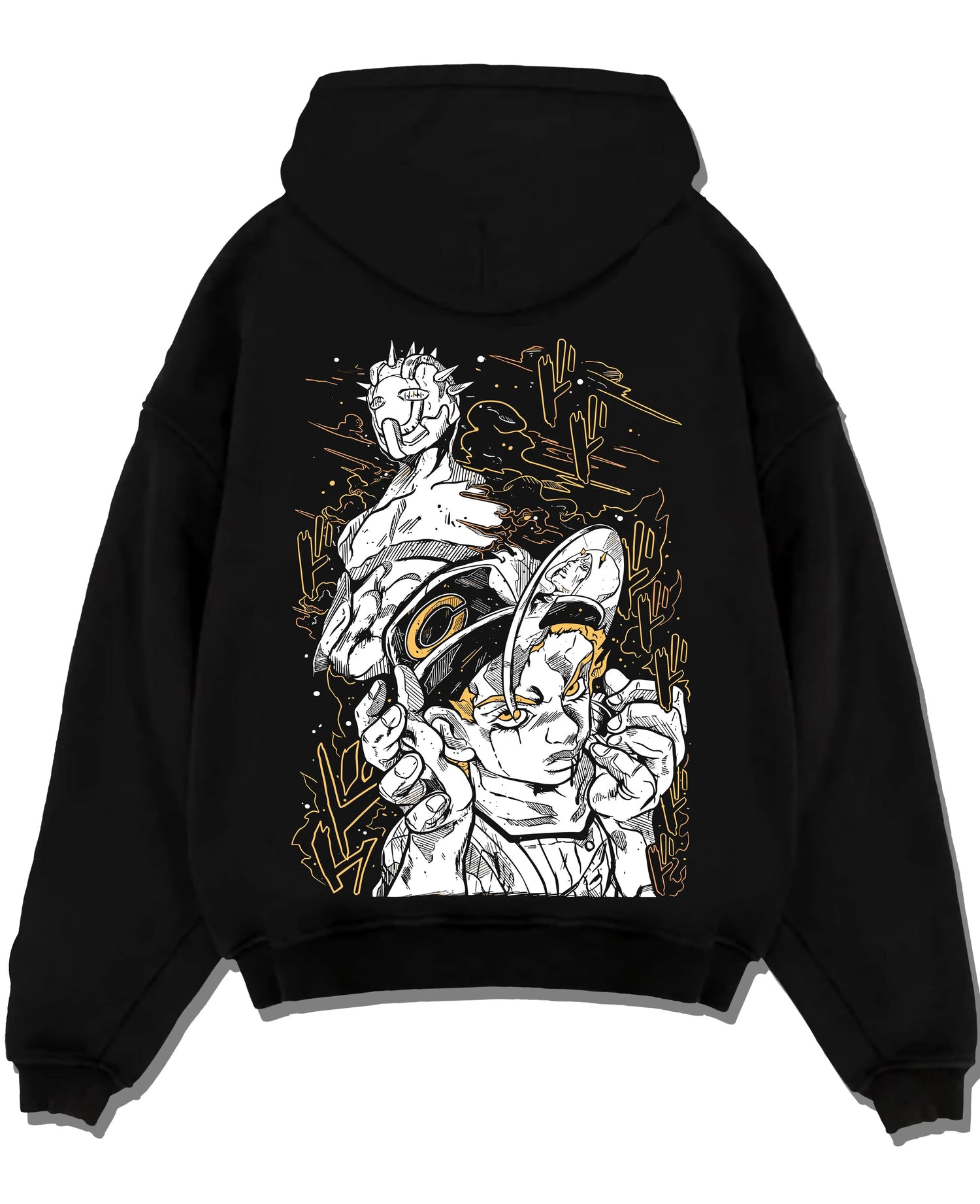 Black pullover hoodie laid flat with Jotaro Kujo Hoodie JoJo’s Bizarre Adventure Classic Pose graphic premium wear.