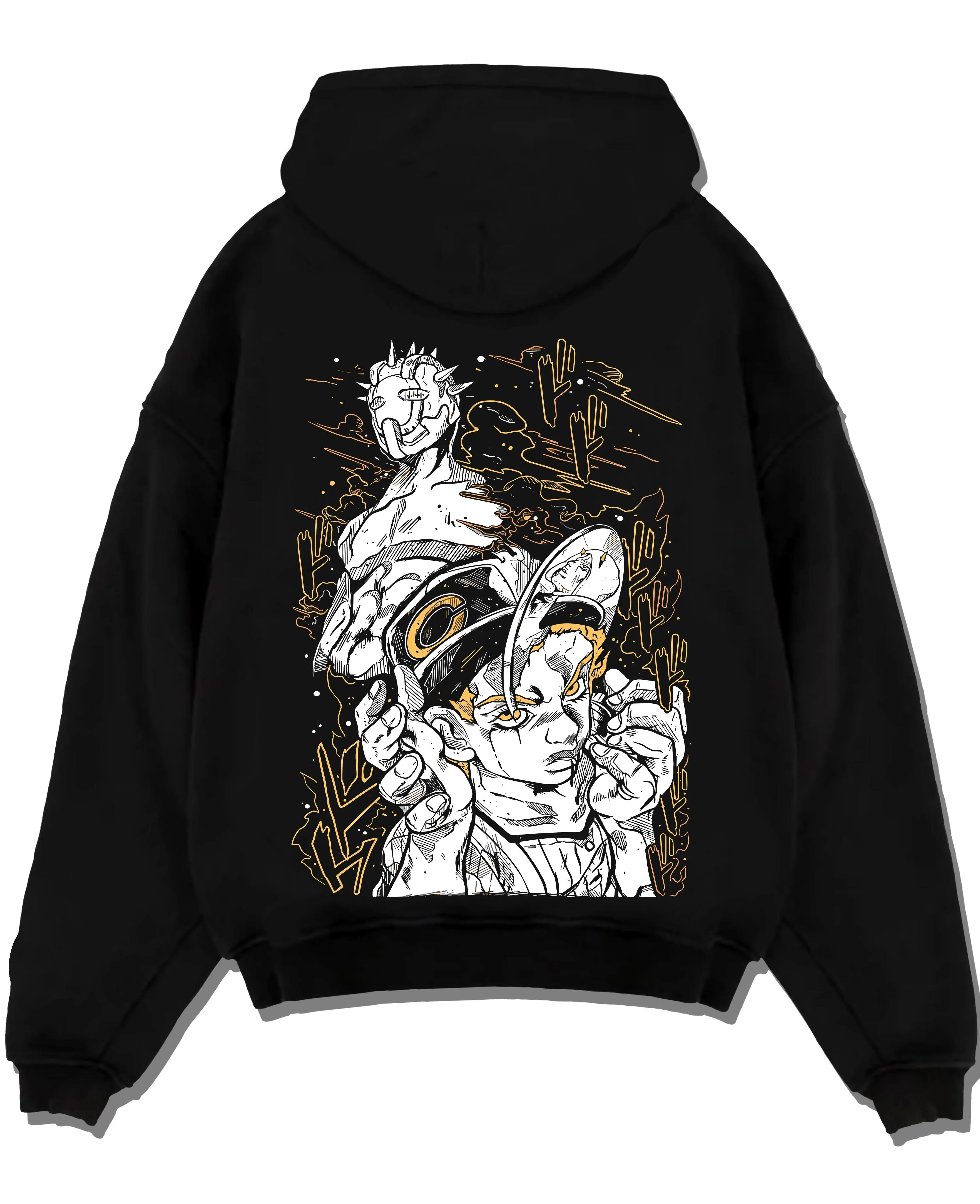 Black pullover hoodie laid flat with Jotaro Kujo Hoodie JoJo’s Bizarre Adventure Classic Pose graphic premium wear.