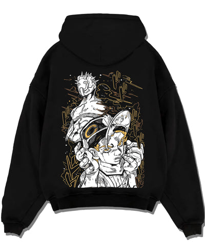 Black pullover hoodie laid flat with Jotaro Kujo Hoodie JoJo’s Bizarre Adventure Classic Pose graphic premium wear.
