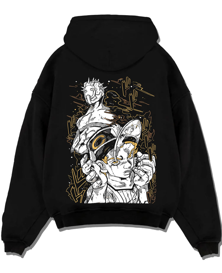 Black pullover hoodie laid flat with Jotaro Kujo Hoodie JoJo’s Bizarre Adventure Classic Pose graphic premium wear.