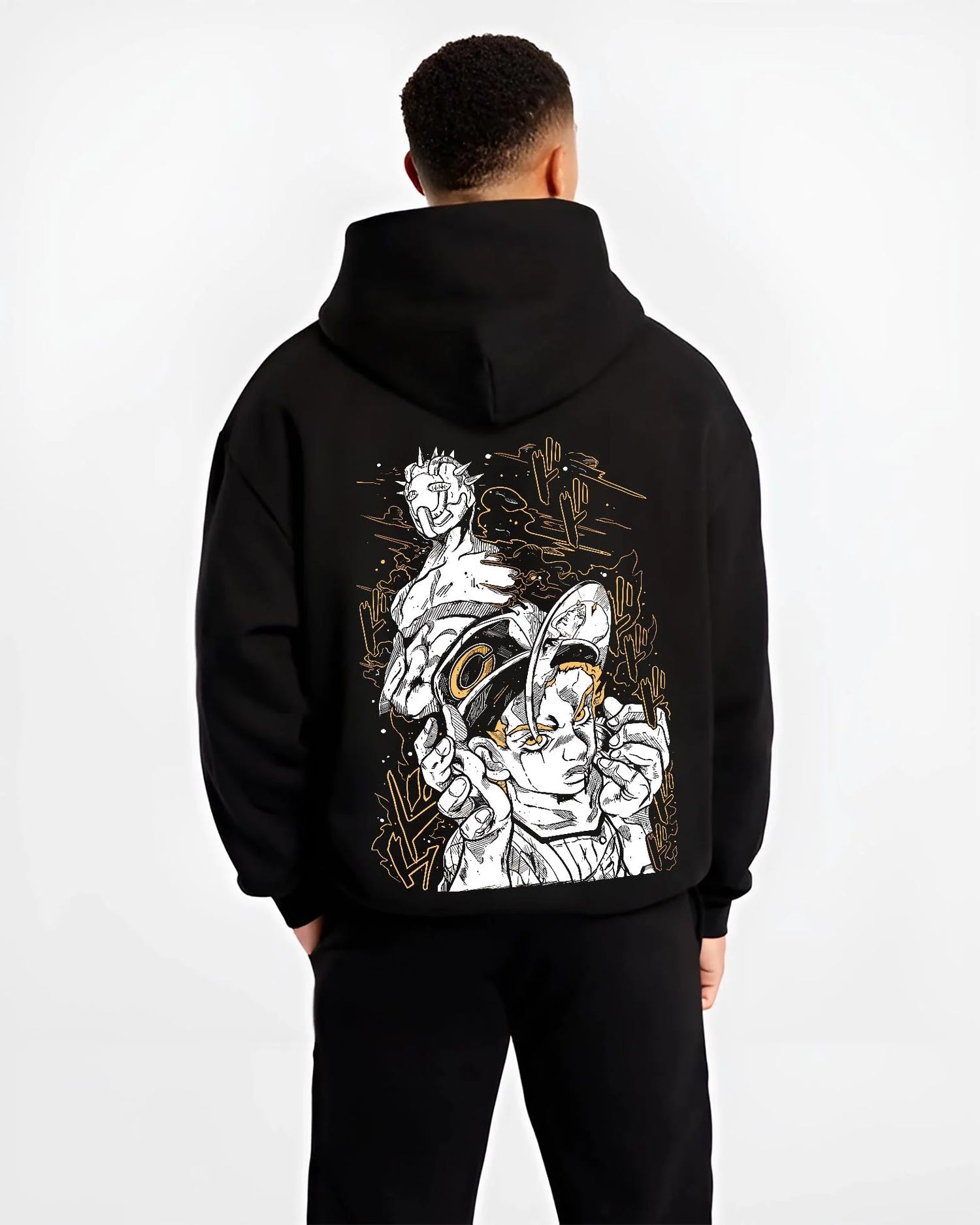 Black hoodie worn by male model, back view with Jotaro Kujo Hoodie JoJo’s Bizarre Adventure Classic Pose graphic streetwear graphic.