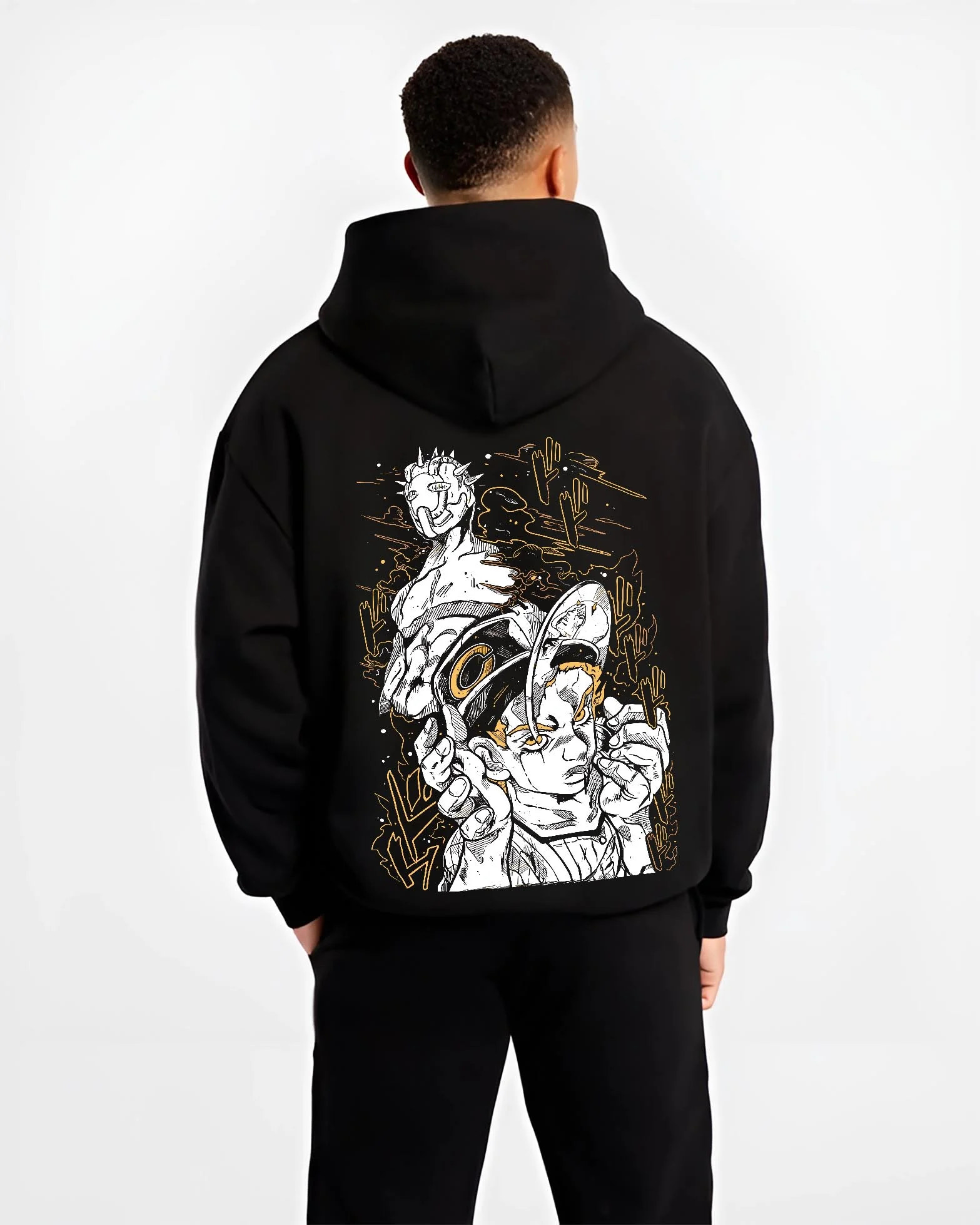 Black hoodie worn by male model, back view with Jotaro Kujo Hoodie JoJo’s Bizarre Adventure Classic Pose graphic streetwear graphic.