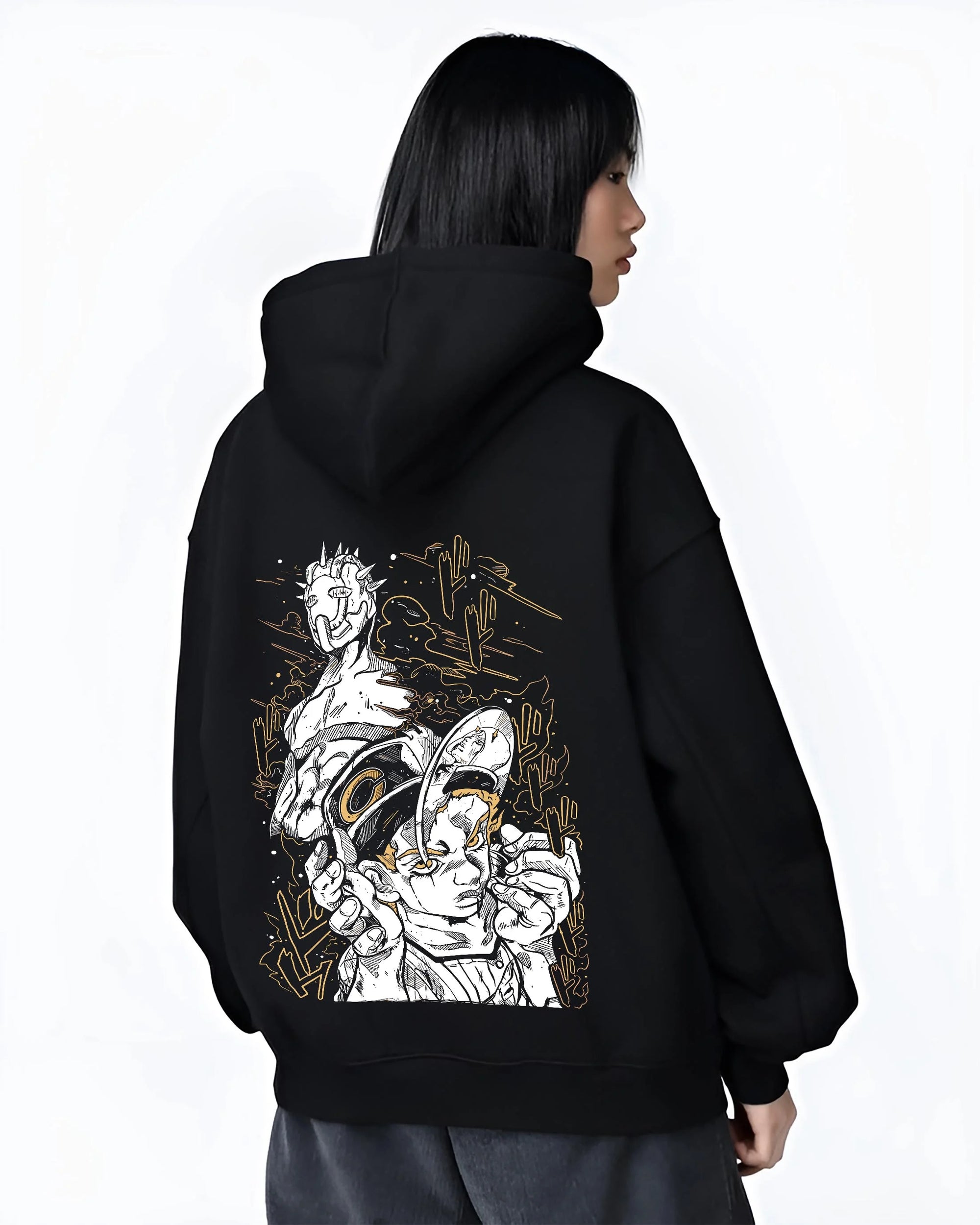 Black hoodie worn by female model, back view with Jotaro Kujo Hoodie JoJo’s Bizarre Adventure Classic Pose graphic premium wear.