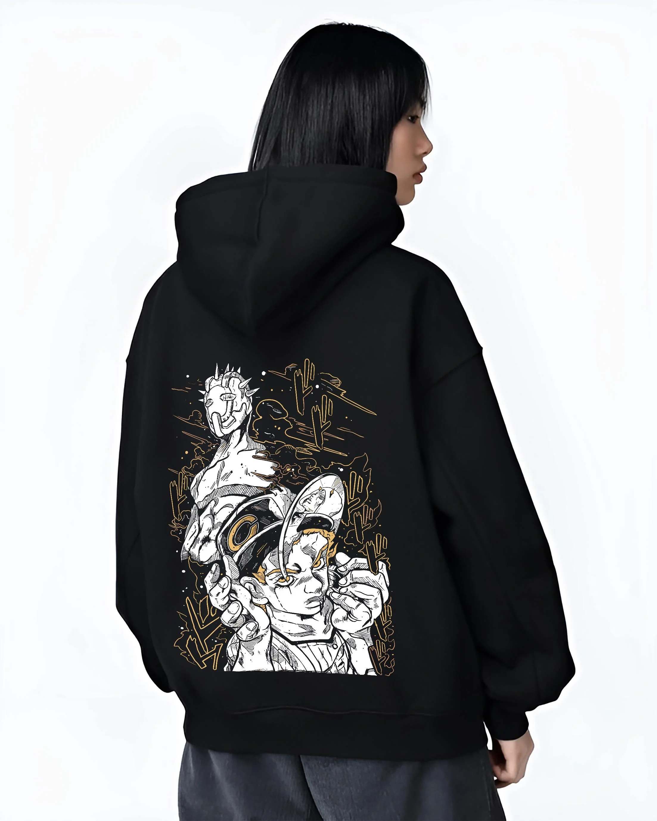 Black hoodie worn by female model, back view with Jotaro Kujo Hoodie JoJo’s Bizarre Adventure Classic Pose graphic premium wear.