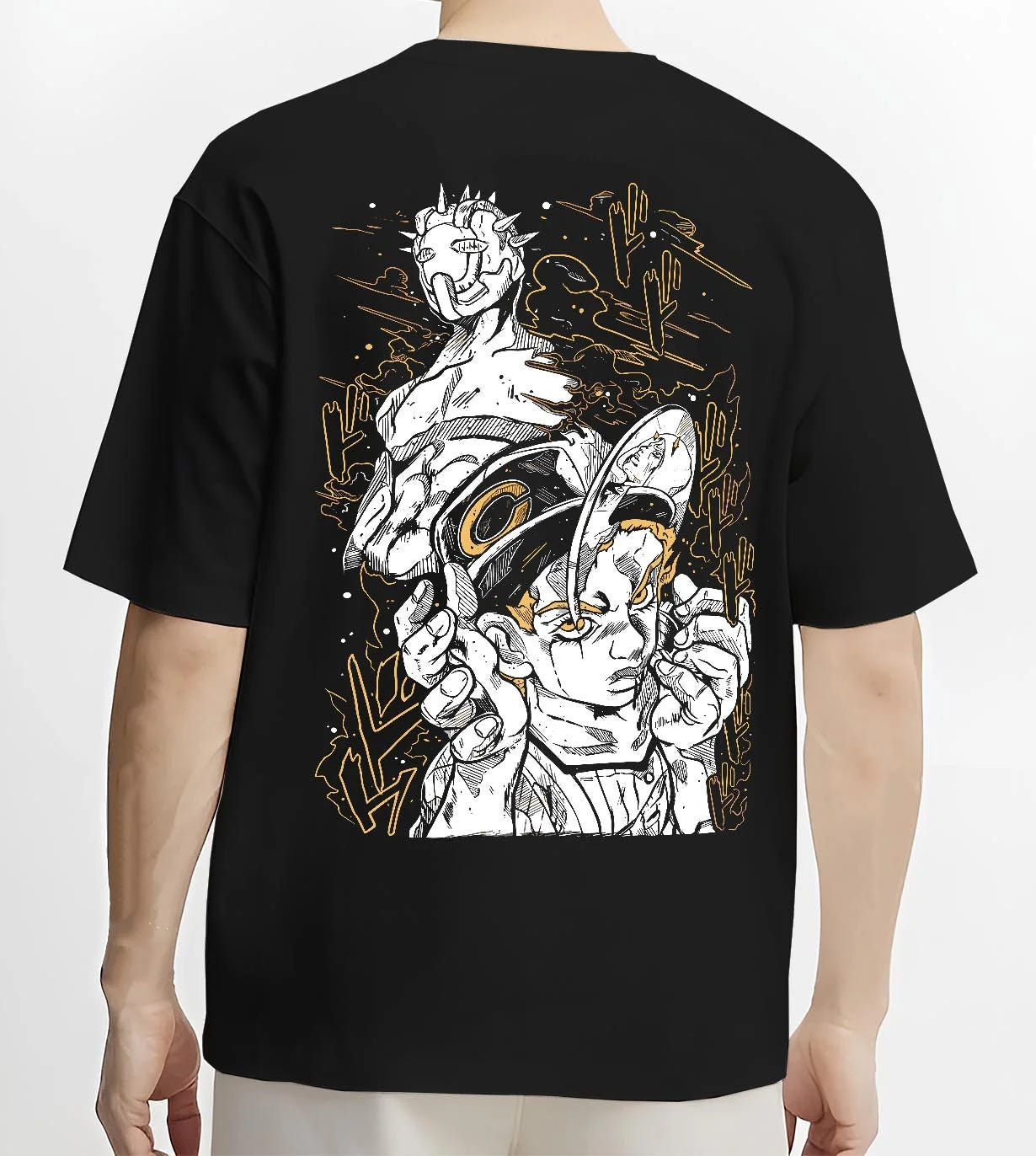 Black T-shirt worn by male model, back view with Jotaro Kujo Hoodie JoJo’s Bizarre Adventure Classic Pose graphic premium wear.