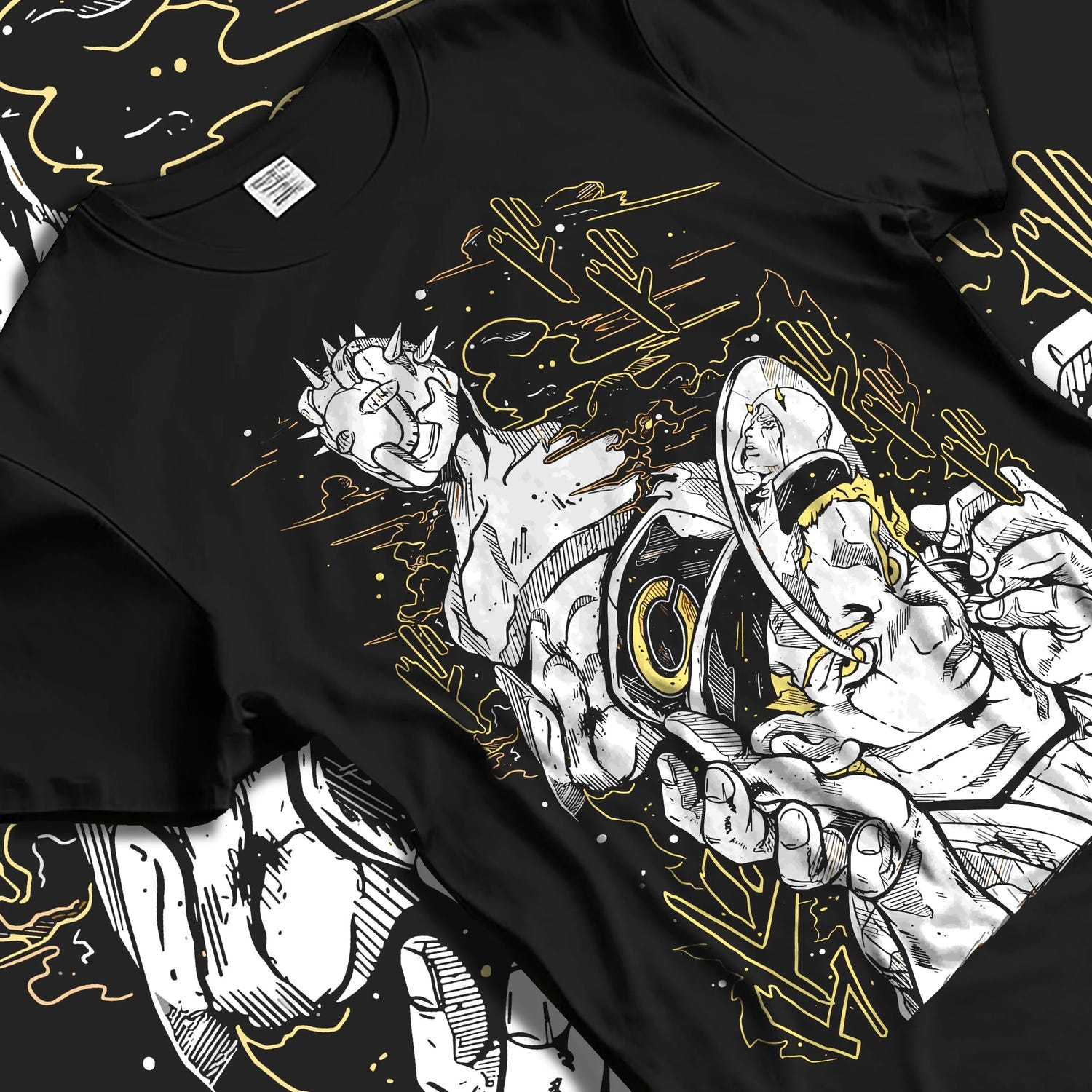 Black T-shirt laid flat with natural folds with Jotaro Kujo Hoodie JoJo’s Bizarre Adventure Classic Pose graphic streetwear graphic.