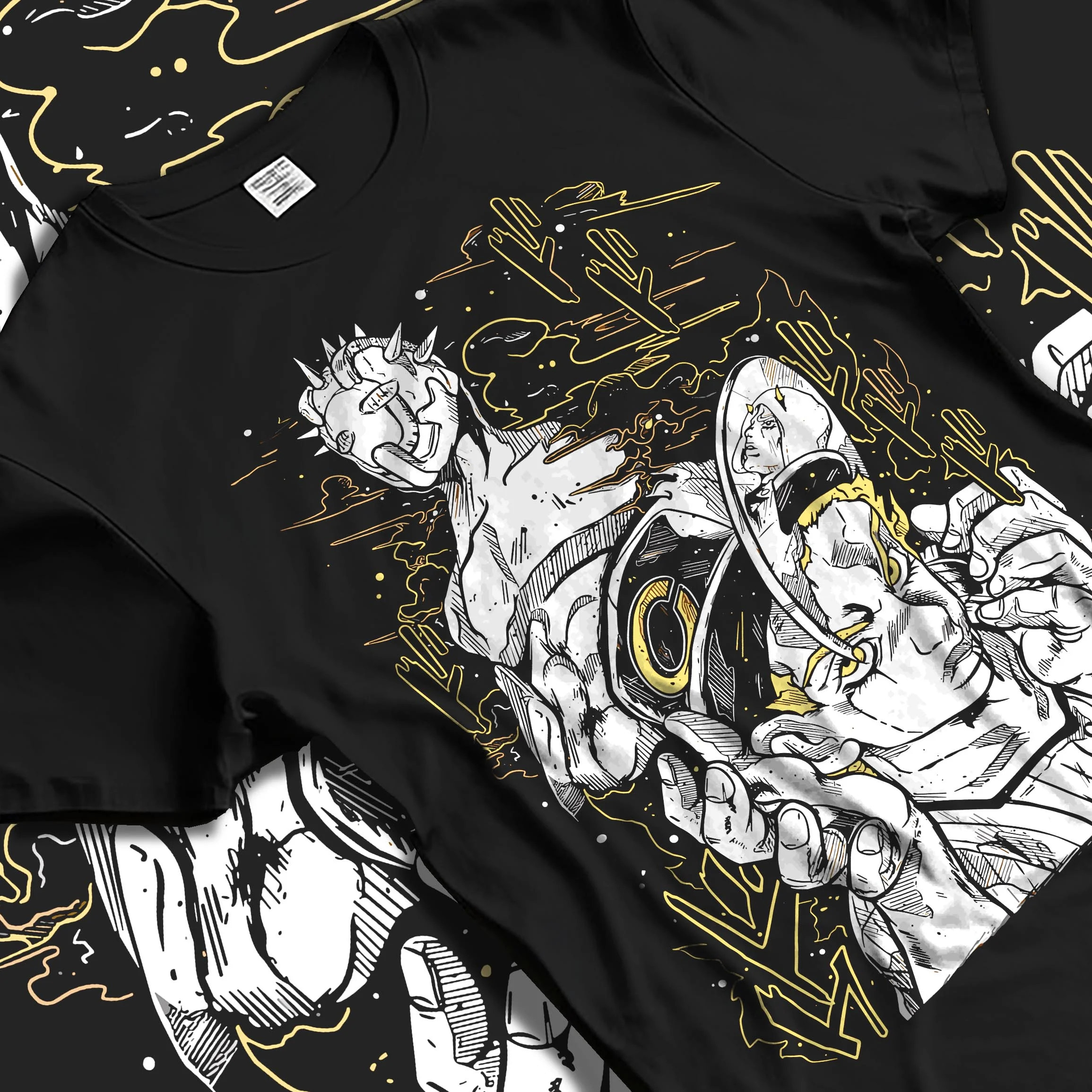 Black T-shirt laid flat with natural folds with Jotaro Kujo Hoodie JoJo’s Bizarre Adventure Classic Pose graphic streetwear graphic.