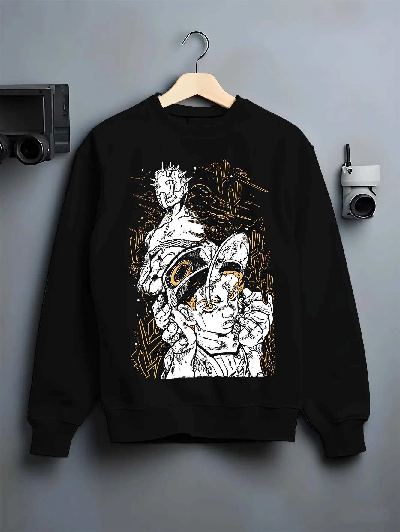 Black crewneck sweatshirt on hanger with Jotaro Kujo Hoodie JoJo’s Bizarre Adventure Classic Pose graphic premium wear.