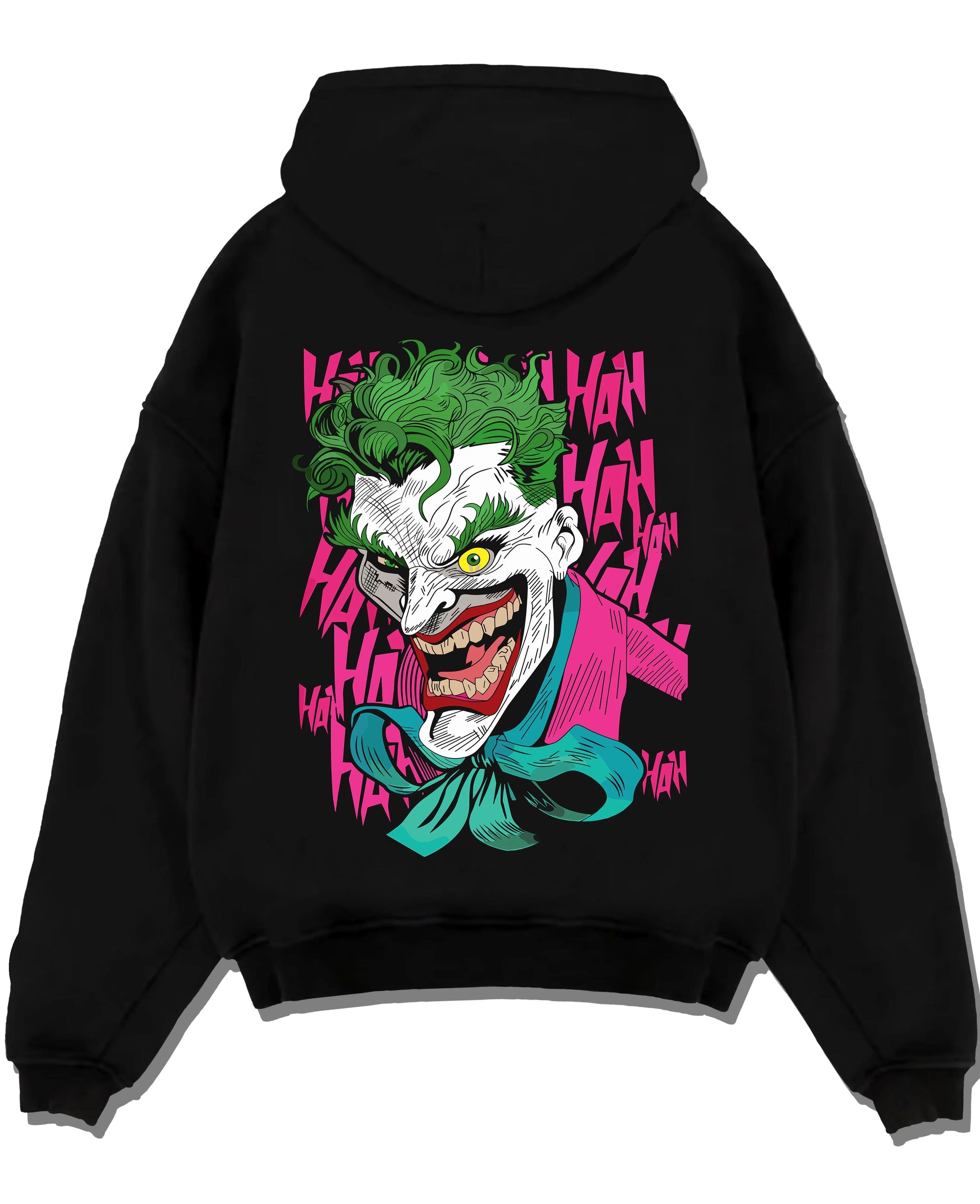 Black pullover hoodie laid flat with Joker Hoodie Gotham Anime Inspired Laughing Villain Design graphic premium wear.