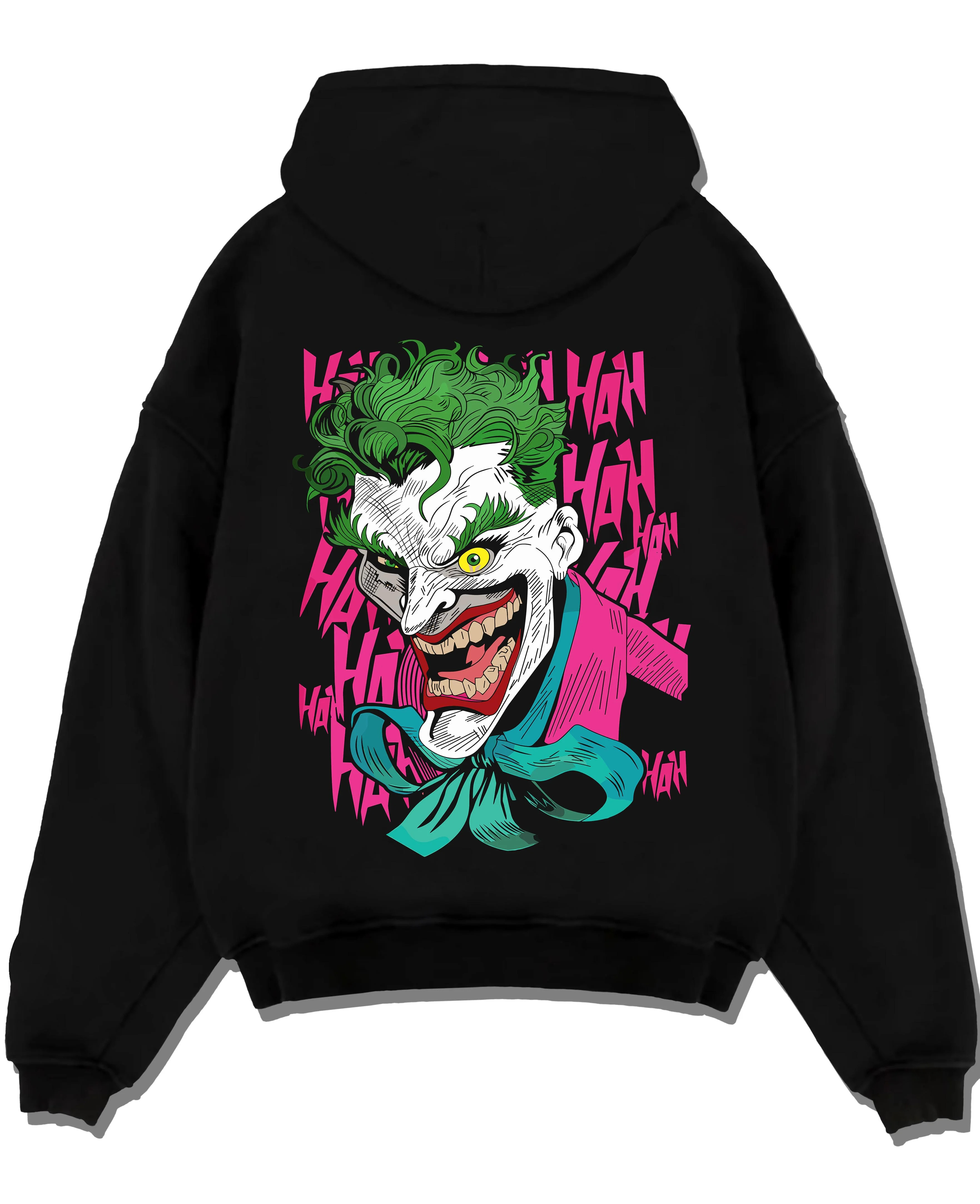 Black pullover hoodie laid flat with Joker Hoodie Gotham Anime Inspired Laughing Villain Design graphic premium wear.
