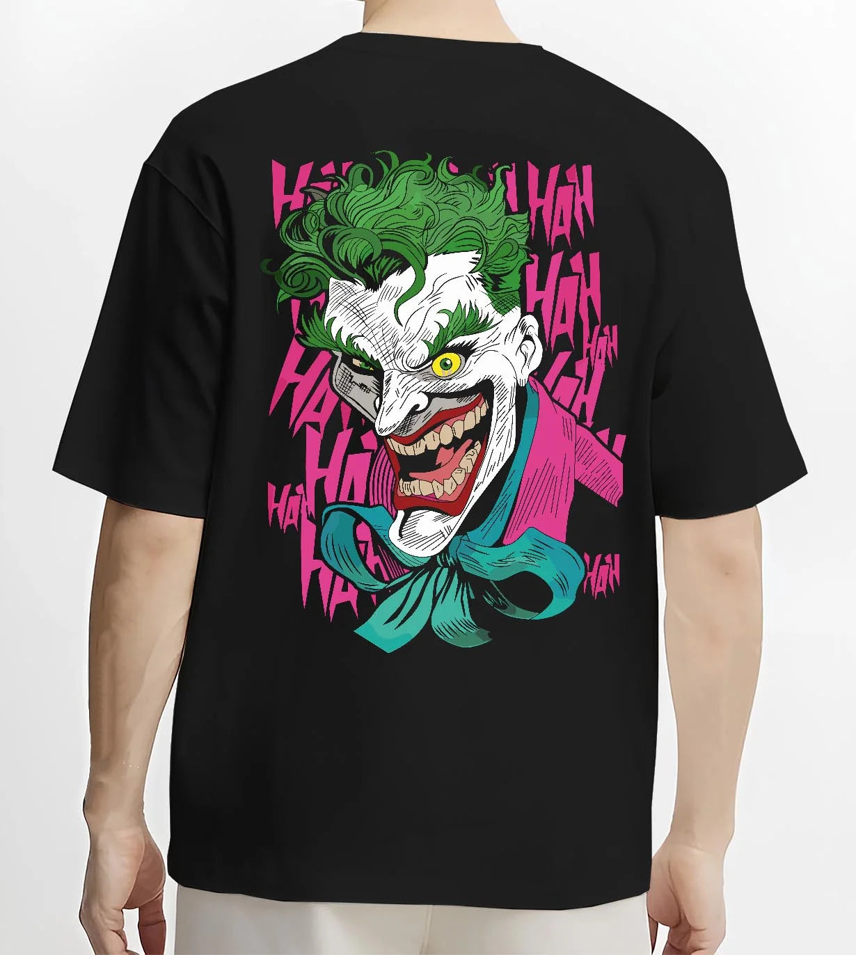 Black T-shirt worn by male model, back view with Joker Hoodie Gotham Anime Inspired Laughing Villain Design graphic streetwear graphic.