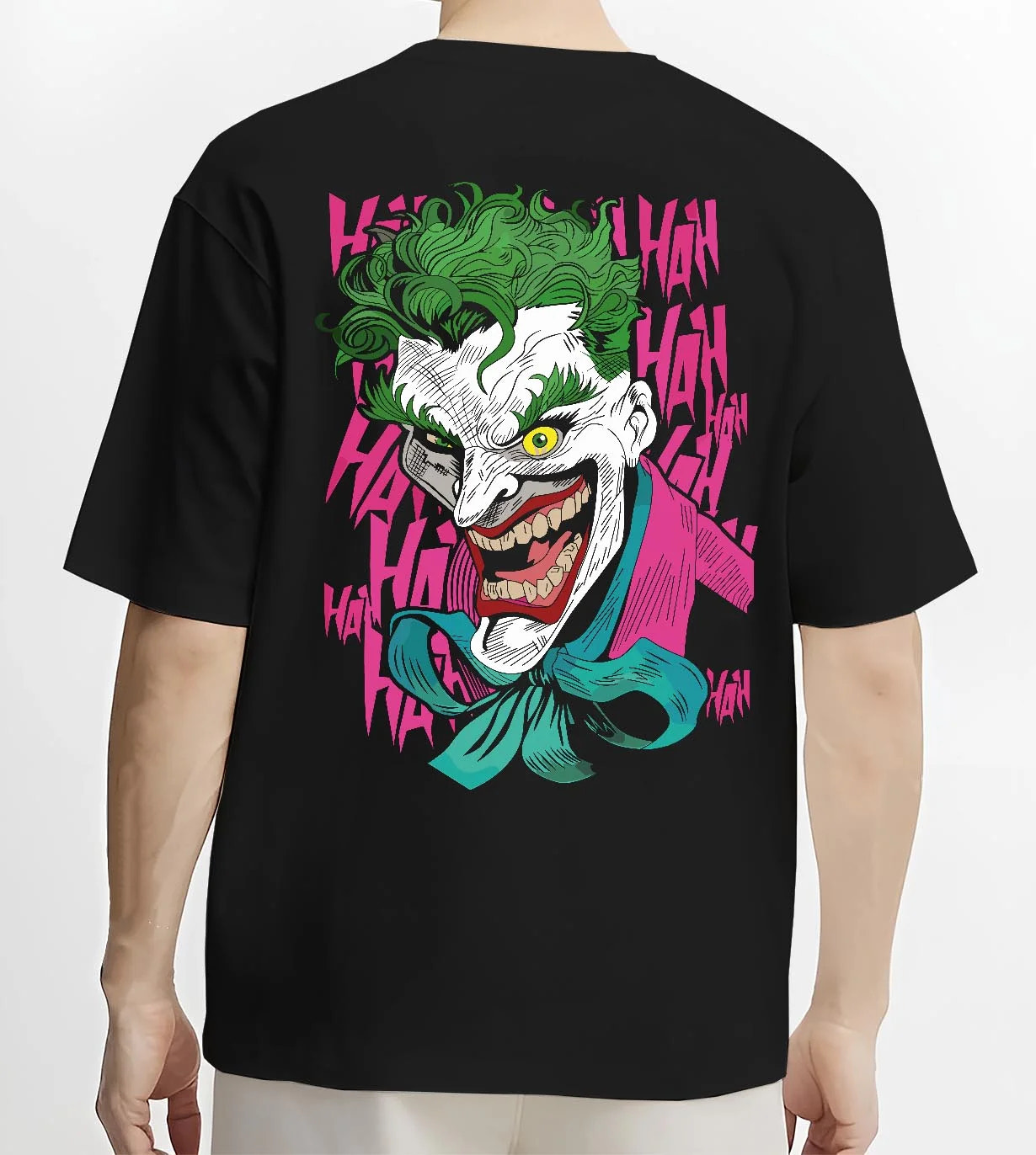 Black T-shirt worn by male model, back view with Joker Hoodie Gotham Anime Inspired Laughing Villain Design graphic streetwear graphic.