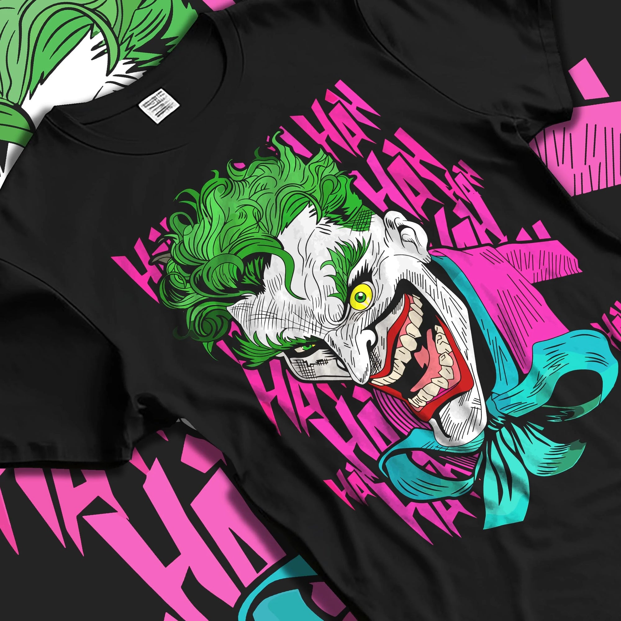 Black T-shirt laid flat with natural folds with Joker Hoodie Gotham Anime Inspired Laughing Villain Design graphic bold anime graphic.