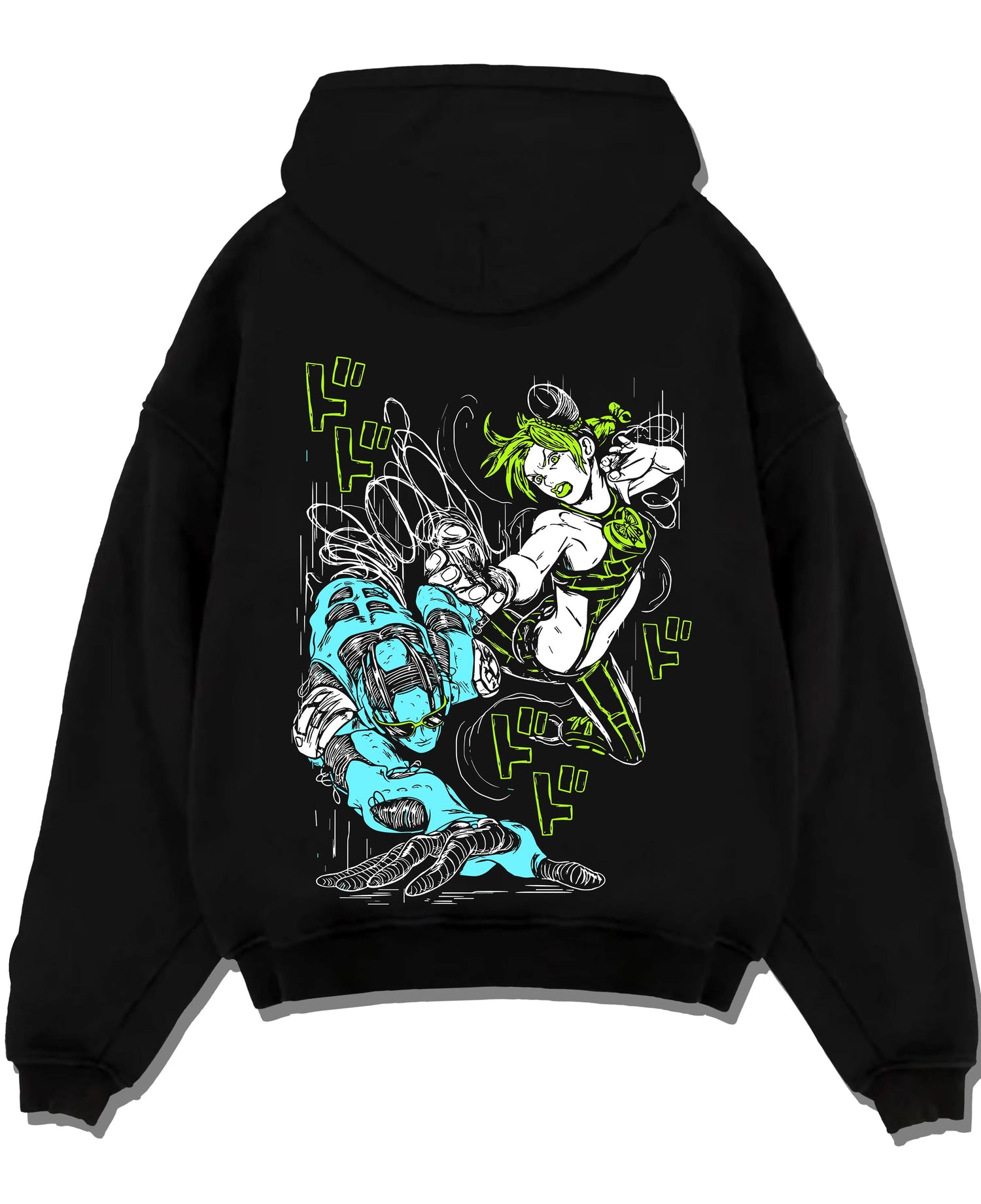 Black pullover hoodie laid flat with Jolyne Cujoh Hoodie JoJo’s Bizarre Adventure Anime Pose graphic bold anime graphic.
