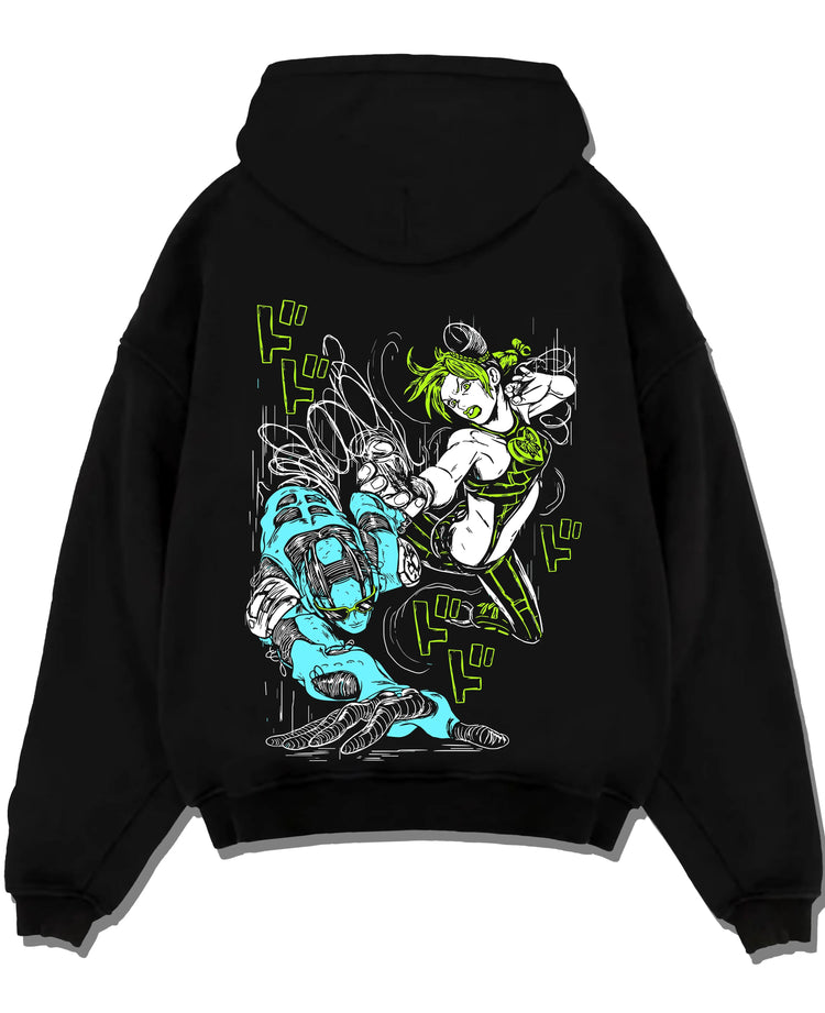 Black pullover hoodie laid flat with Jolyne Cujoh Hoodie JoJo’s Bizarre Adventure Anime Pose graphic bold anime graphic.