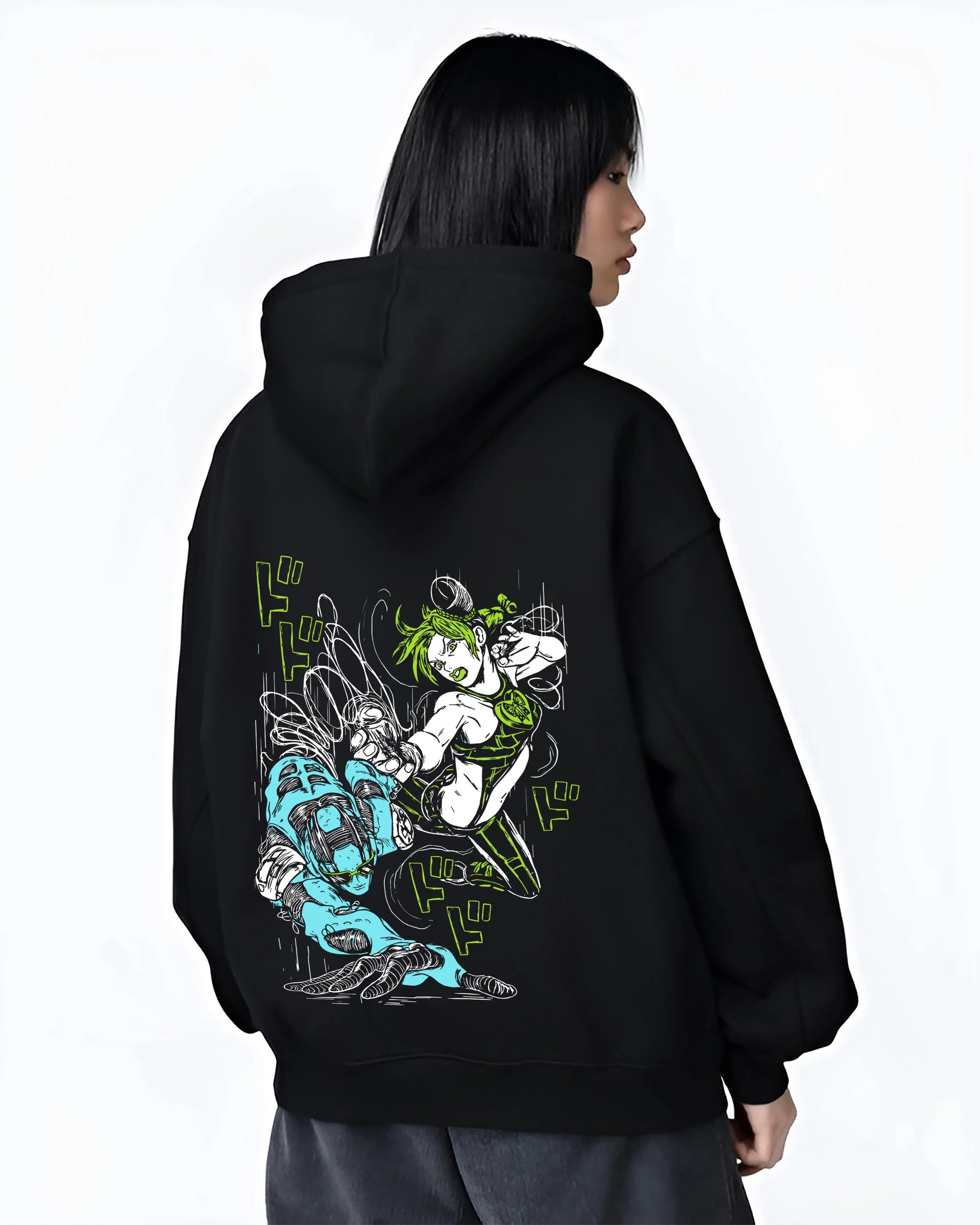 Black hoodie worn by female model, back view with Jolyne Cujoh Hoodie JoJo’s Bizarre Adventure Anime Pose graphic streetwear graphic.