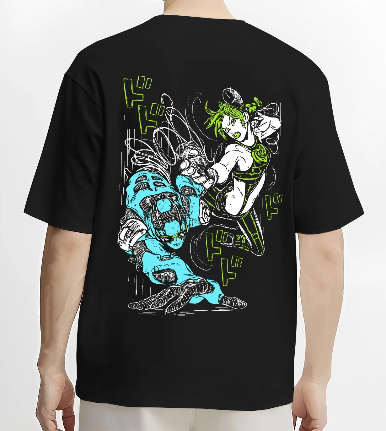 Black T-shirt worn by male model, back view with Jolyne Cujoh Hoodie JoJo’s Bizarre Adventure Anime Pose graphic streetwear graphic.