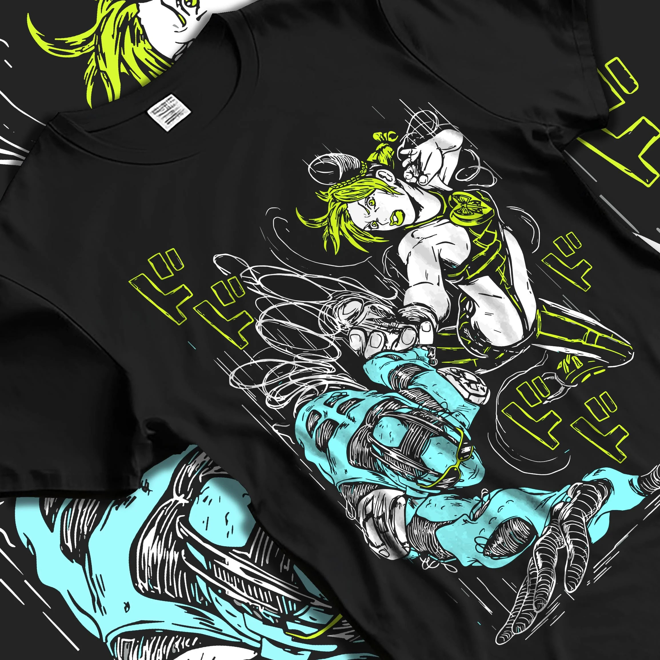 Black T-shirt laid flat with natural folds with Jolyne Cujoh Hoodie JoJo’s Bizarre Adventure Anime Pose graphic premium wear.