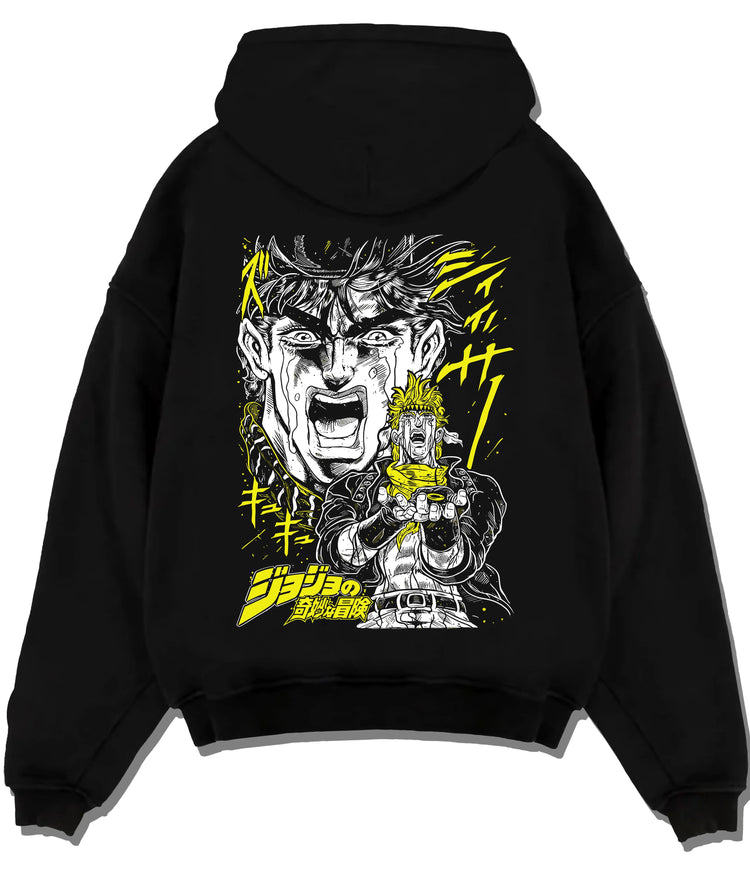 Black hoodie flat back view showing Joseph Joestar from JoJo’s Bizarre Adventure: JoJo manga action yell