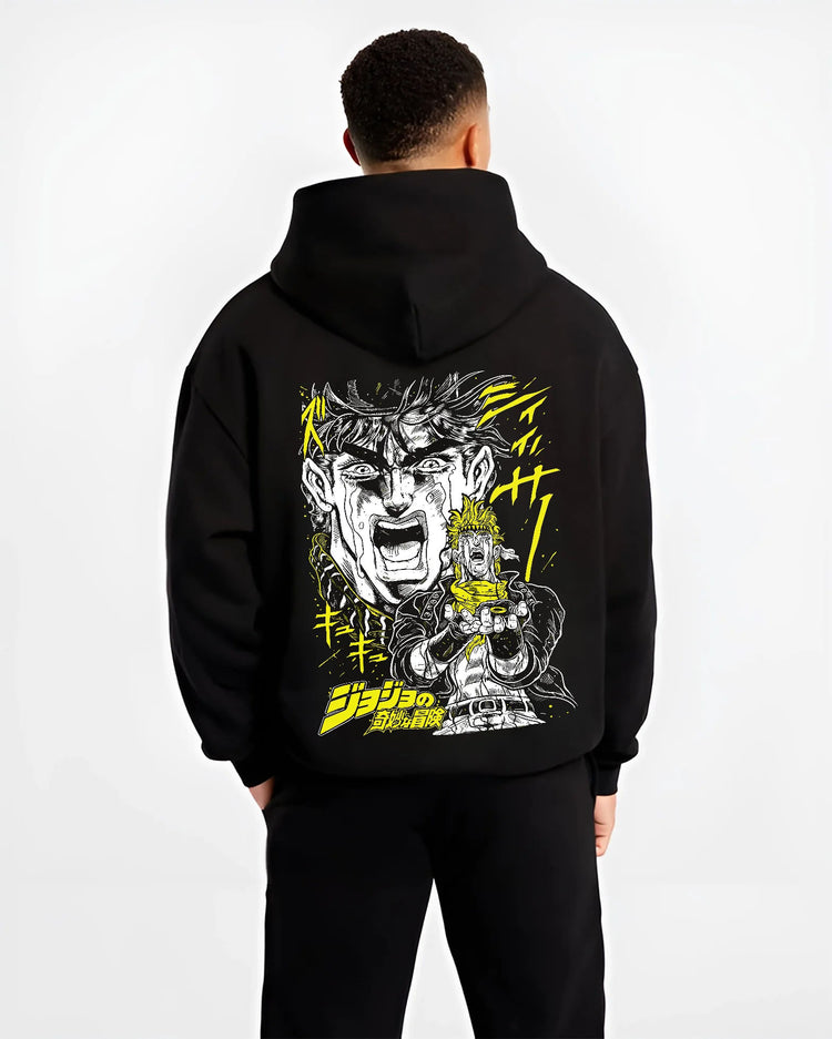 Black hoodie model back view showing Joseph Joestar from JoJo’s Bizarre Adventure: JoJo manga action yell