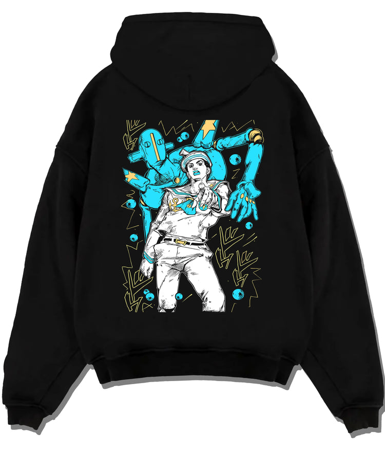 Black hoodie flat back view with Josuke Higashikata (Part 8 / Gappy) and Soft & Wet from JoJo’s Bizarre Adventure