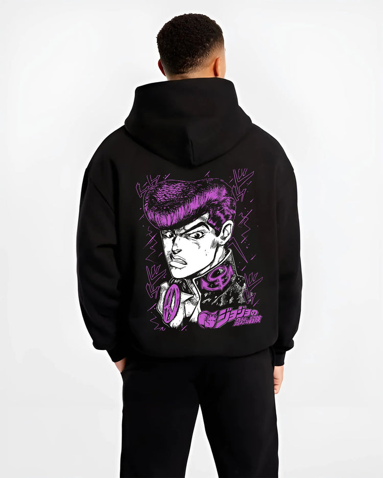 Black hoodie model back view showing Josuke Higashikata from JoJo’s Bizarre Adventure: JoJo diamond is unbreakable portrait