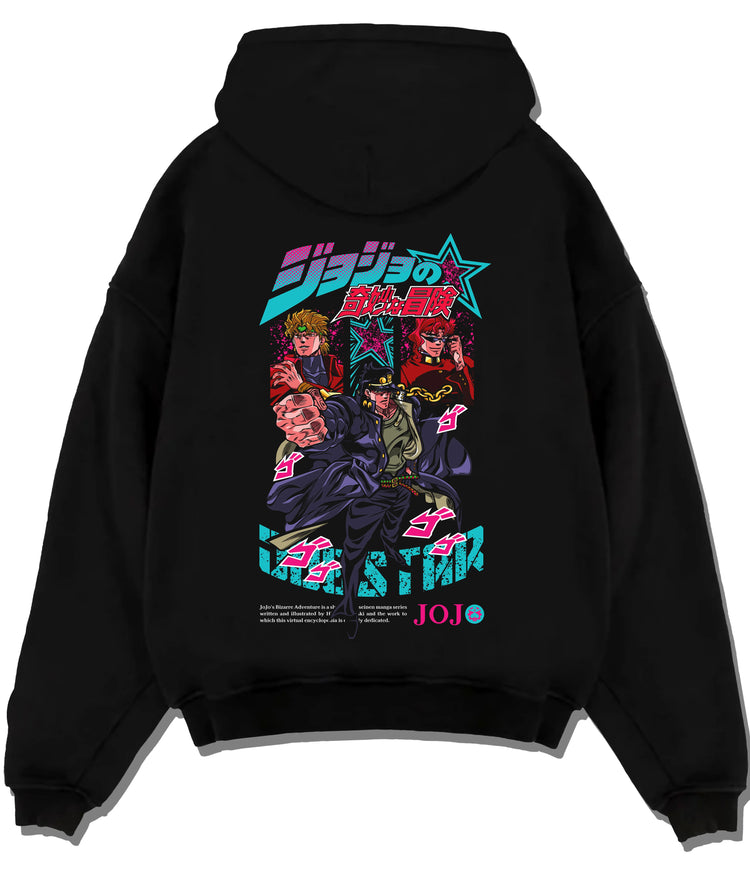Black hoodie flat back view with Jotaro Kujo, Dio Brando and Stands collage from JoJo’s Bizarre Adventure illustrated back