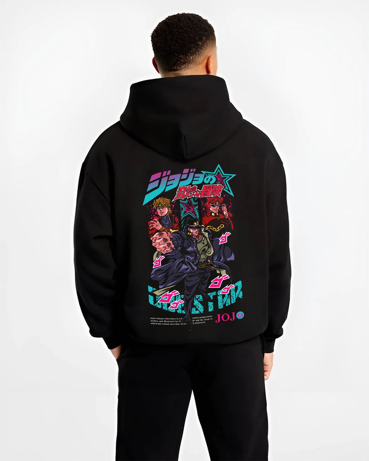 Black hoodie model back view with Jotaro Kujo, Dio Brando and Stands collage from JoJo’s Bizarre Adventure illustrated back