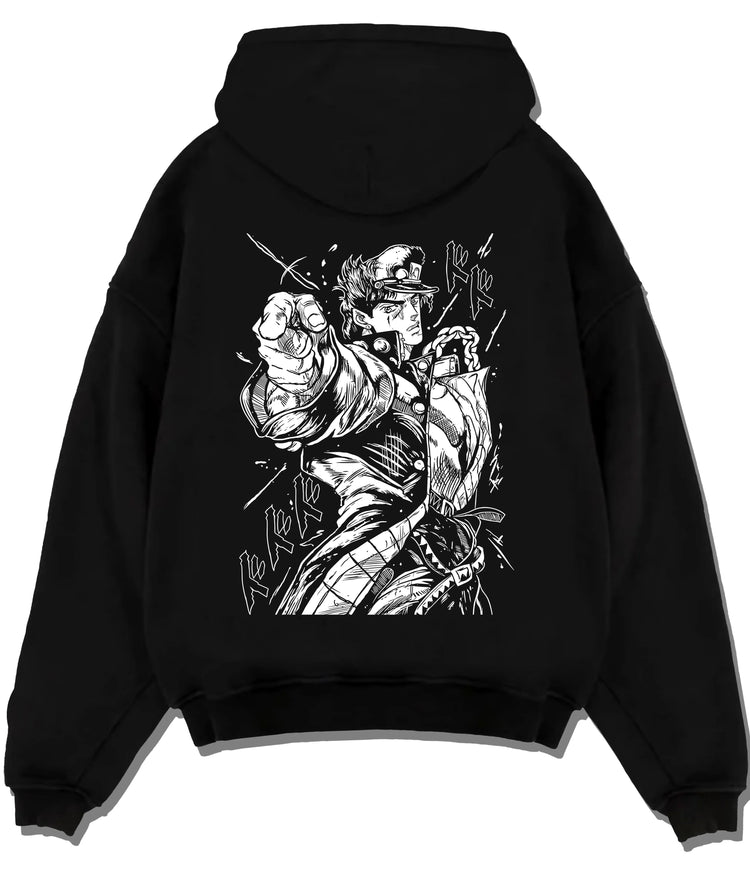 Black hoodie flat back view showing Jotaro Kujo with Star Platinum from JoJo’s Bizarre Adventure: impact pose