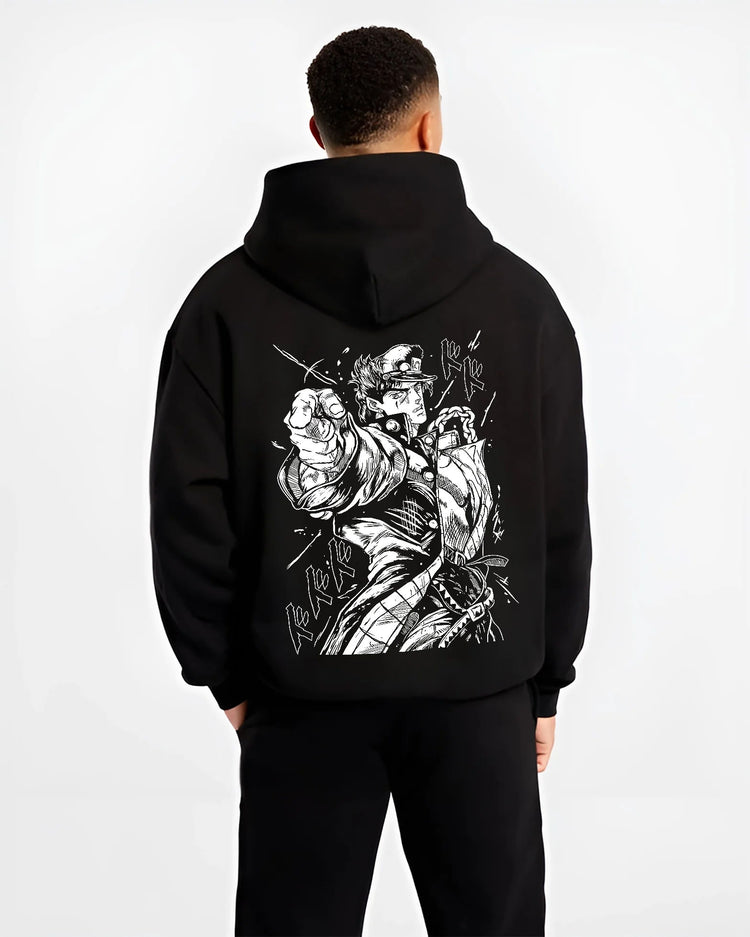 Black hoodie model back view showing Jotaro Kujo with Star Platinum from JoJo’s Bizarre Adventure: impact pose