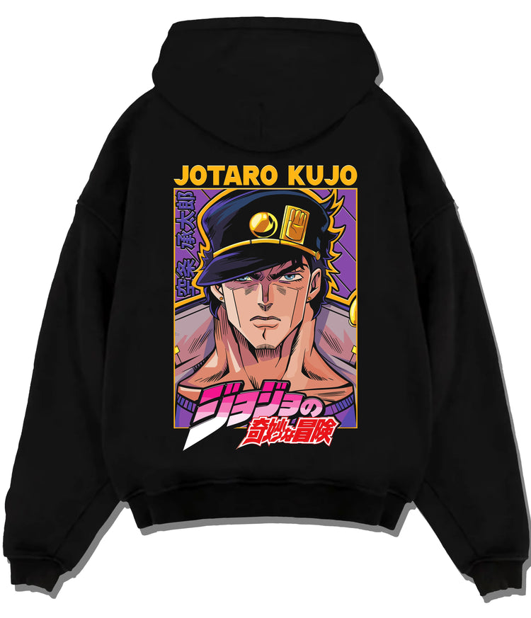Black hoodie flat back view showing Jotaro Kujo from JoJo’s Bizarre Adventure: coloured portrait purple hat