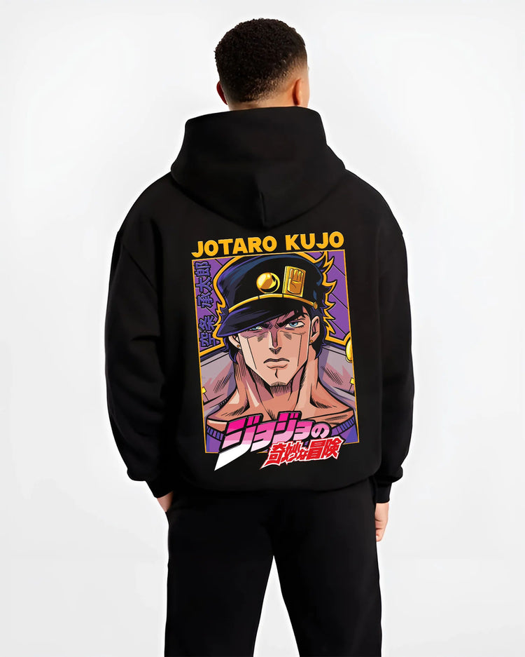 Black hoodie model back view showing Jotaro Kujo from JoJo’s Bizarre Adventure: coloured portrait purple hat