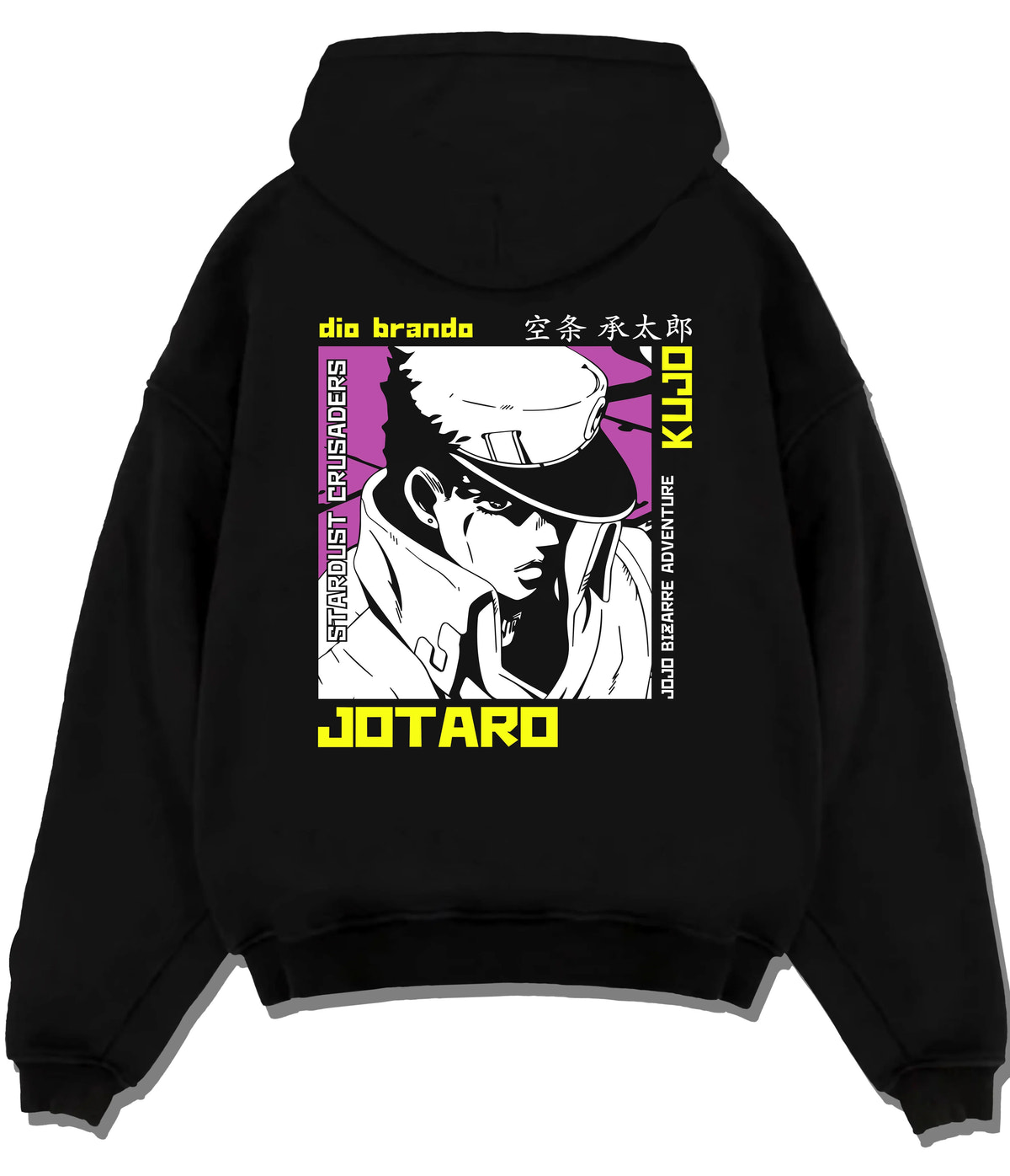 Black hoodie flat back view showing Jotaro Kujo from JoJo’s Bizarre Adventure: monochrome profile drawing