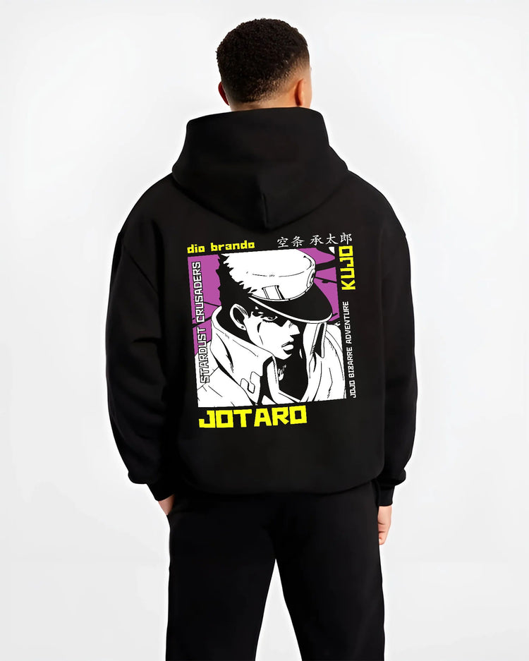 Black hoodie model back view showing Jotaro Kujo from JoJo’s Bizarre Adventure: monochrome profile drawing