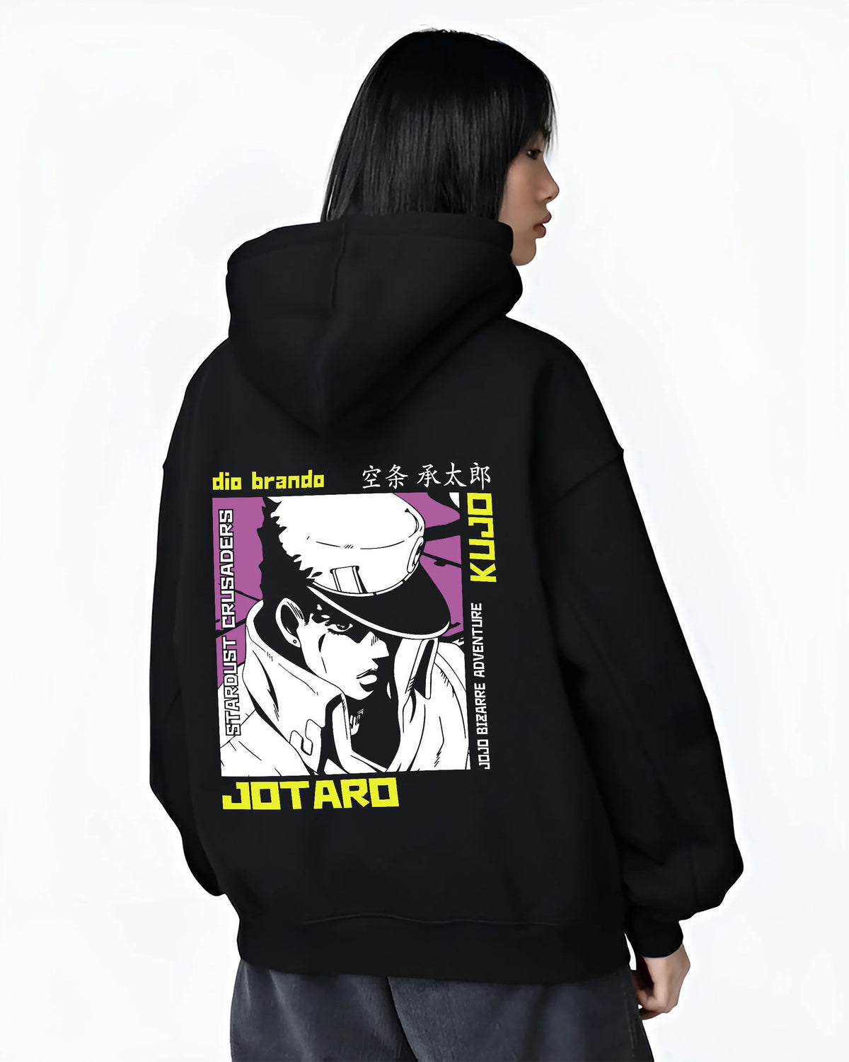 Black hoodie female model back view showing Jotaro Kujo from JoJo’s Bizarre Adventure: monochrome profile drawing