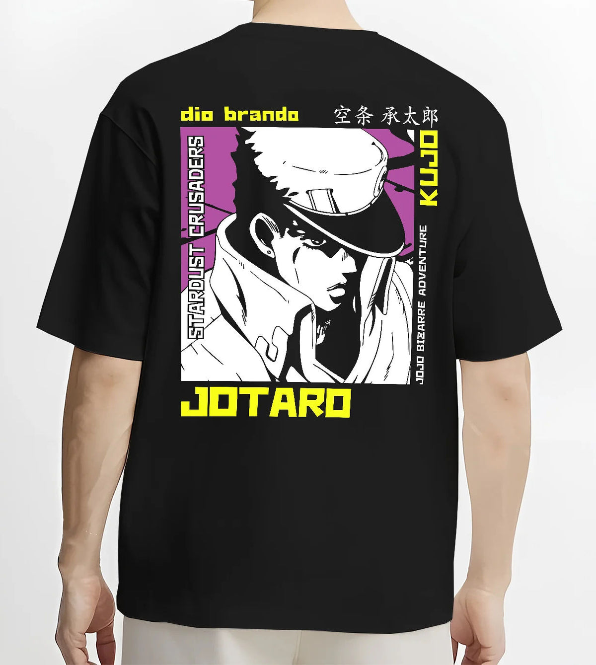 Black T-shirt model back view showing Jotaro Kujo from JoJo’s Bizarre Adventure: monochrome profile drawing