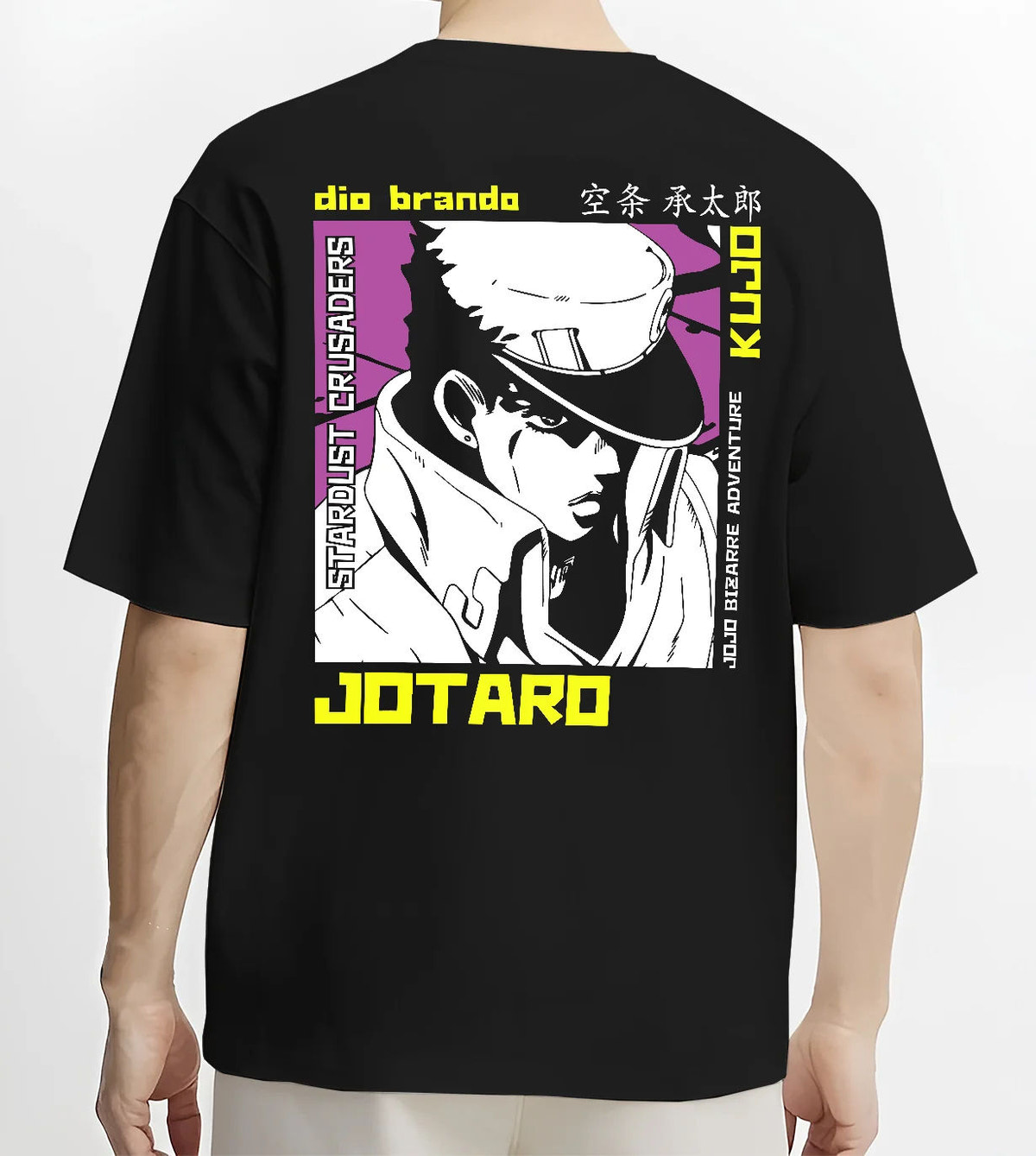 Black T-shirt model back view showing Jotaro Kujo from JoJo’s Bizarre Adventure: monochrome profile drawing