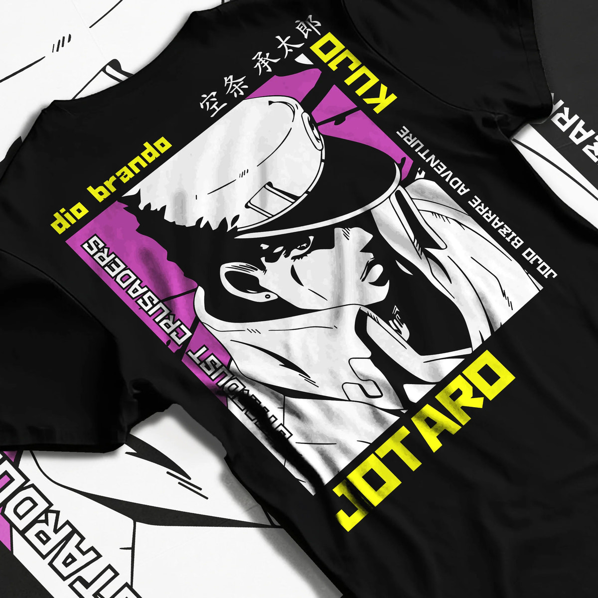 Black T-shirt flat back view showing Jotaro Kujo from JoJo’s Bizarre Adventure: monochrome profile drawing