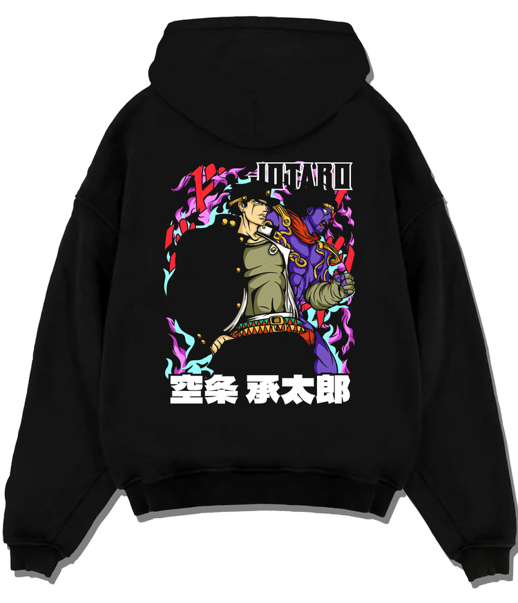 Black hoodie flat back view showing Jotaro Kujo with Star Platinum from JoJo’s Bizarre Adventure: purple poster