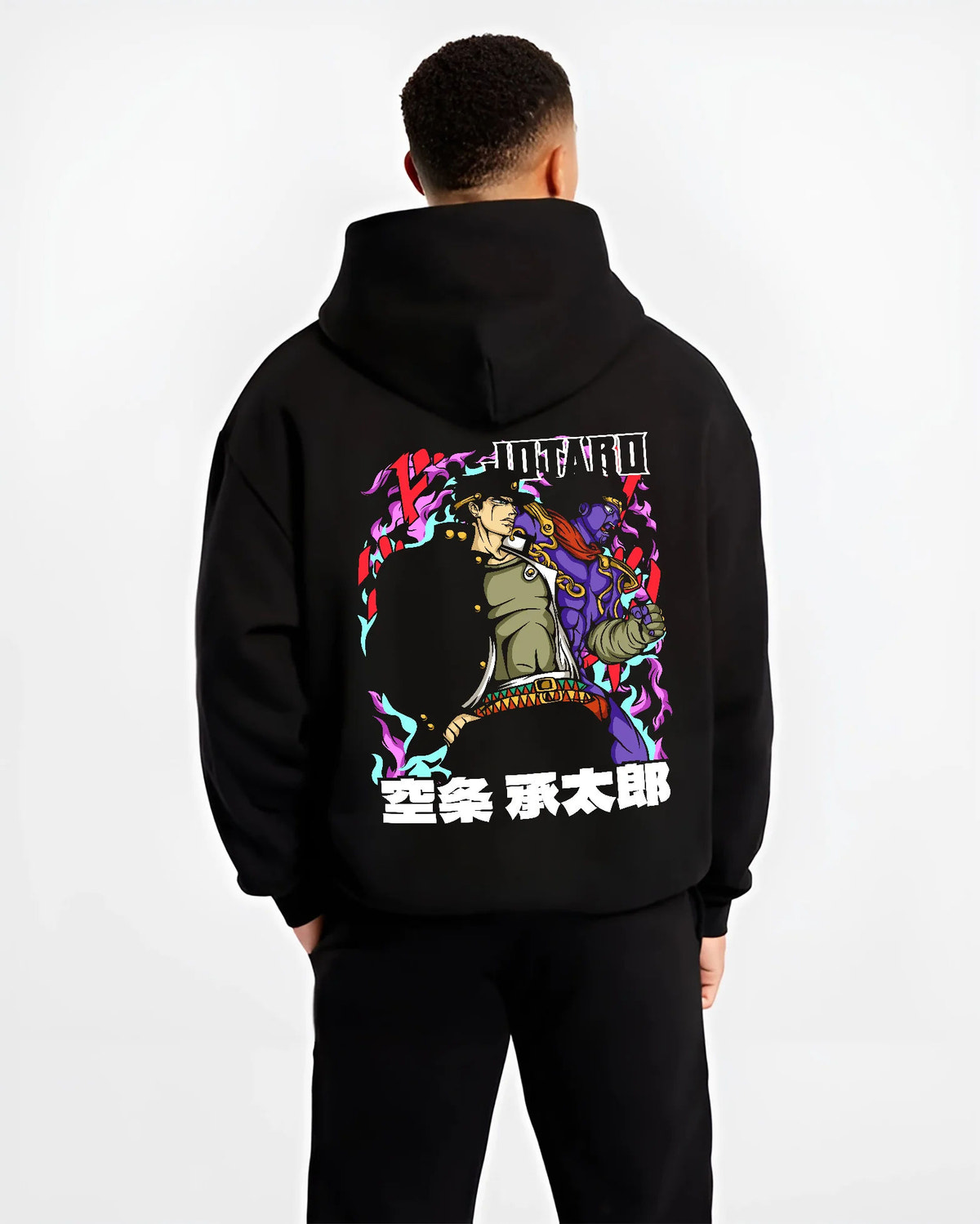 Black hoodie model back view showing Jotaro Kujo with Star Platinum from JoJo’s Bizarre Adventure: purple poster