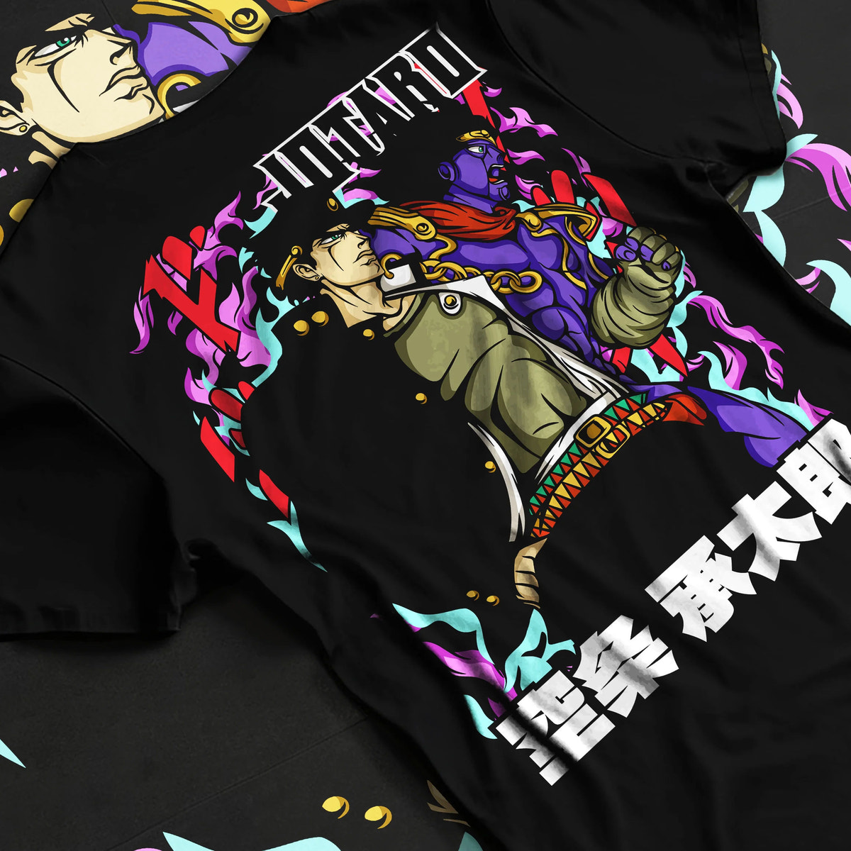 Black T-shirt flat back view showing Jotaro Kujo with Star Platinum from JoJo’s Bizarre Adventure: purple poster