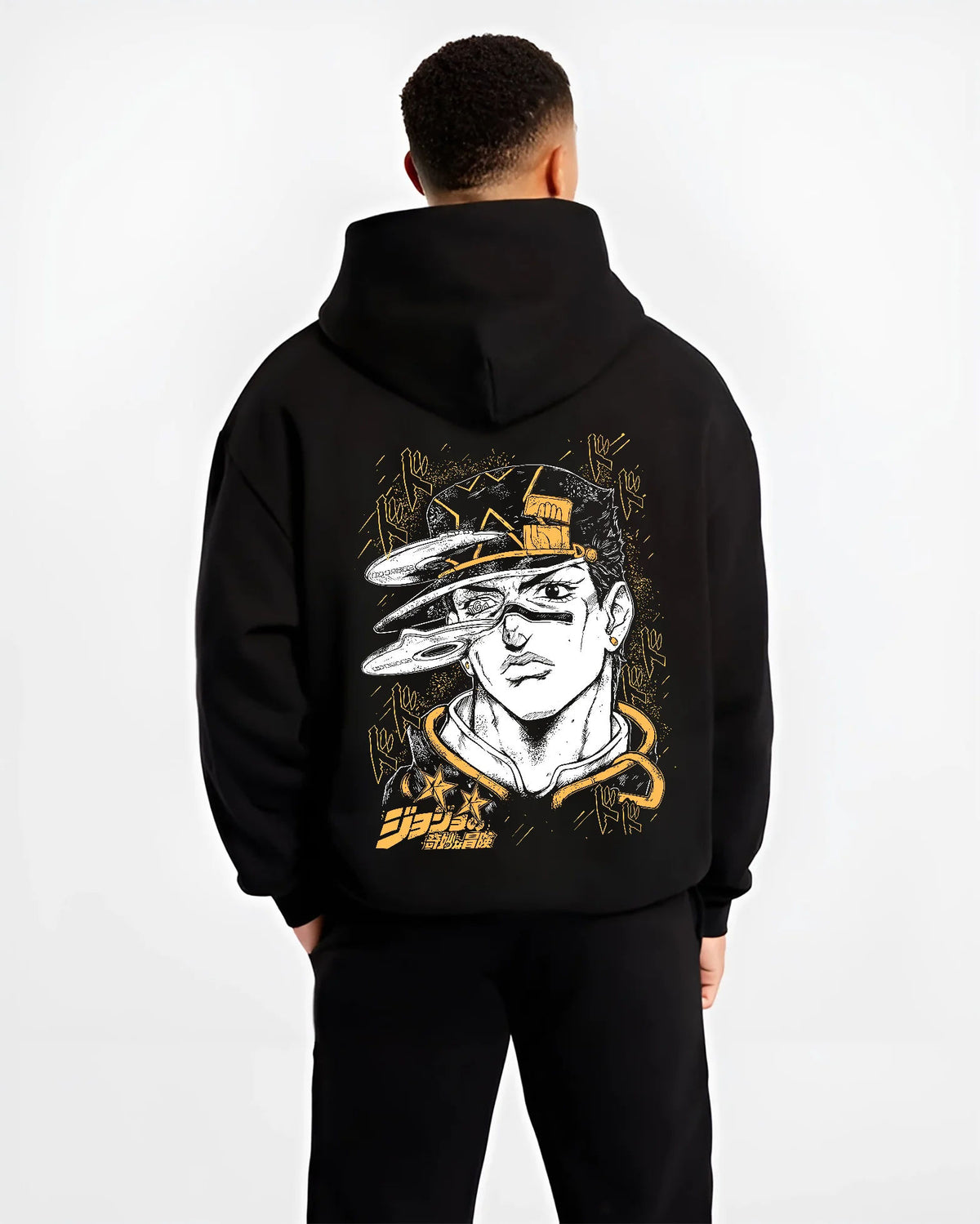 Black hoodie model back view with Jotaro Kujo portrait with hat and gold background from JoJo’s Bizarre Adventure