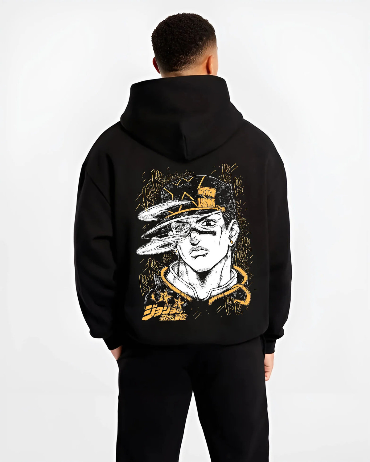 Black hoodie model back view with Jotaro Kujo portrait with hat and gold background from JoJo’s Bizarre Adventure