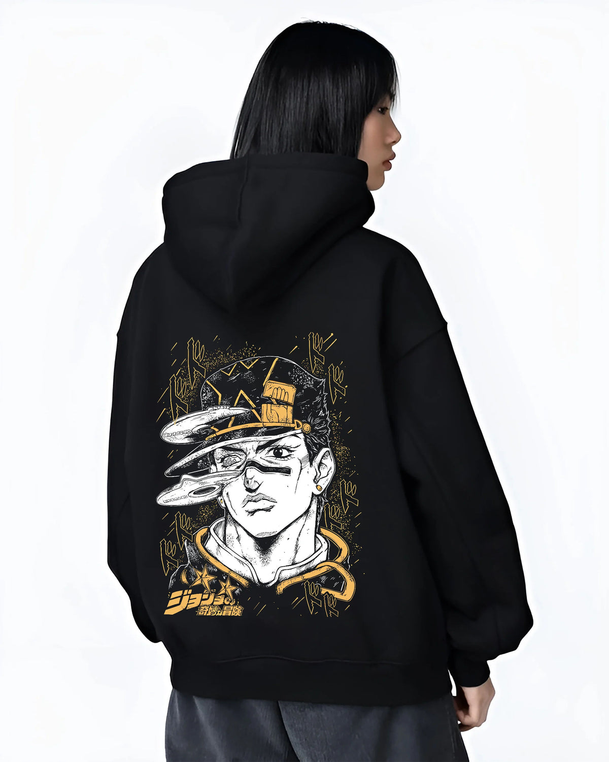 Black hoodie female model back view with Jotaro Kujo portrait with hat and gold background from JoJo’s Bizarre Adventure