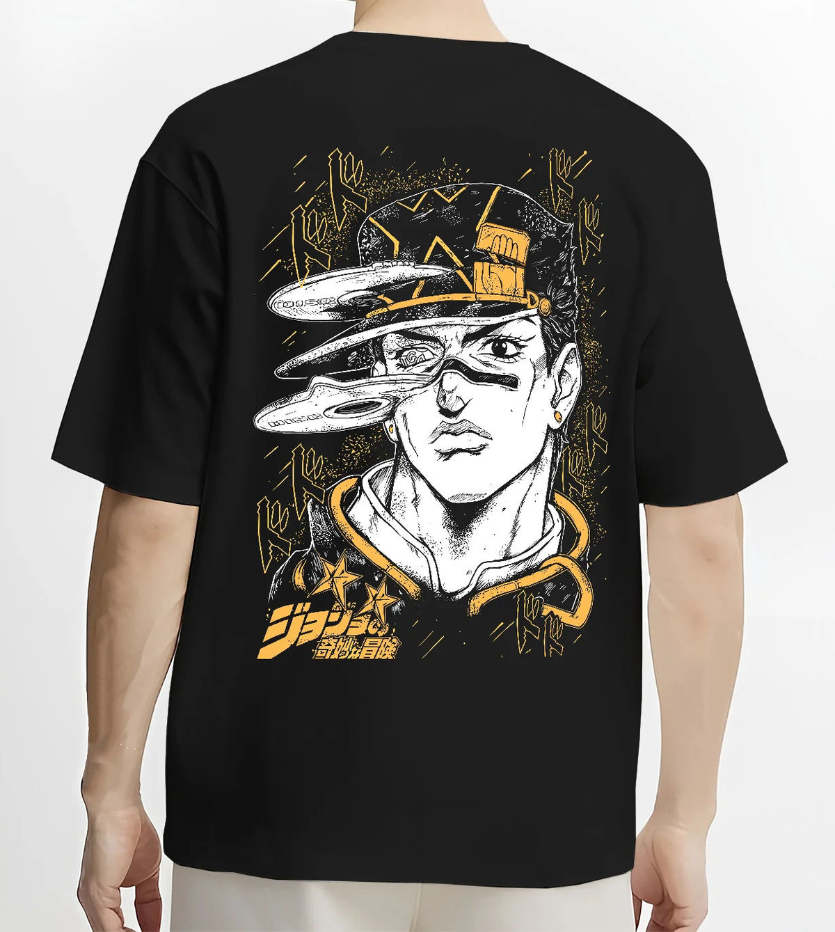 Black T-shirt model back view with Jotaro Kujo portrait with hat and gold background from JoJo’s Bizarre Adventure