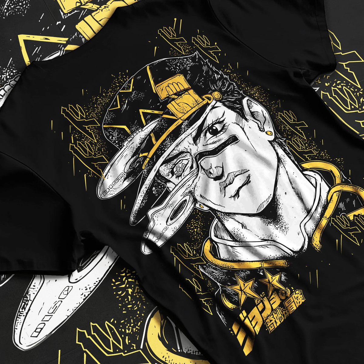 Black T-shirt flat back view with Jotaro Kujo portrait with hat and gold background from JoJo’s Bizarre Adventure