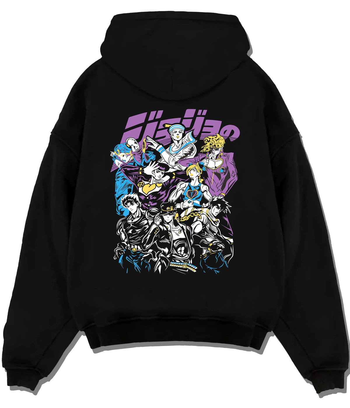 Black hoodie flat back view with Jotaro Kujo with Star Platinum and ensemble from JoJo’s Bizarre Adventure illustrated back