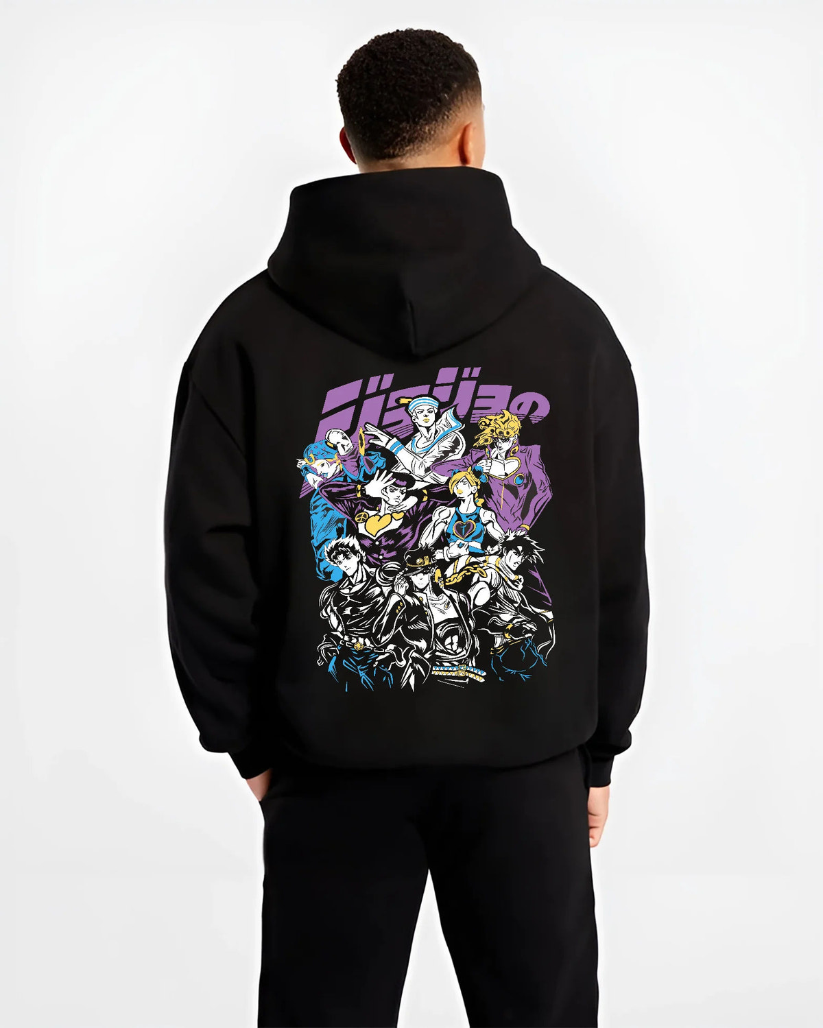 Black hoodie model back view with Jotaro Kujo with Star Platinum and ensemble from JoJo’s Bizarre Adventure illustrated