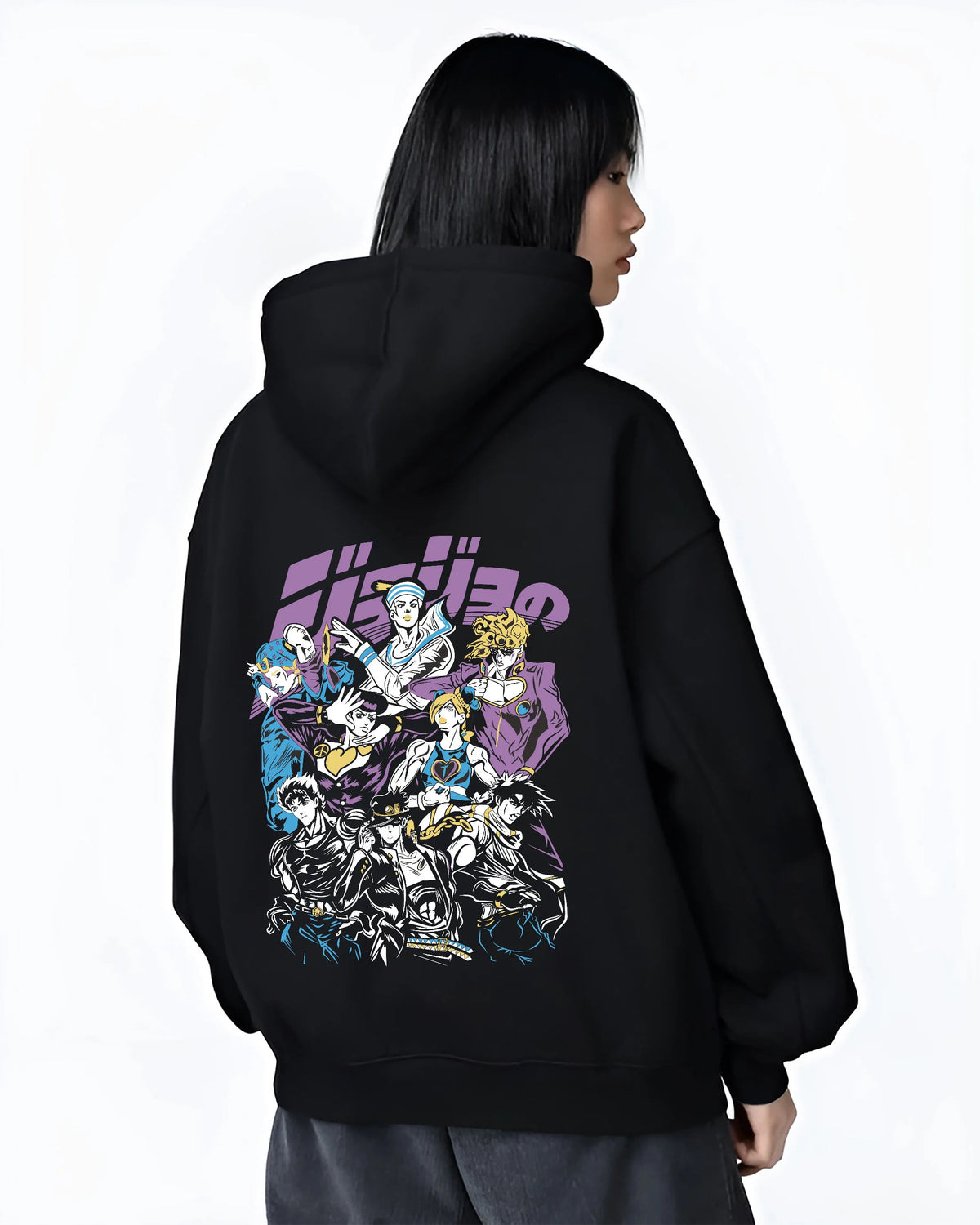 Black hoodie female model back view with Jotaro Kujo with Star Platinum and ensemble from JoJo’s Bizarre Adventure